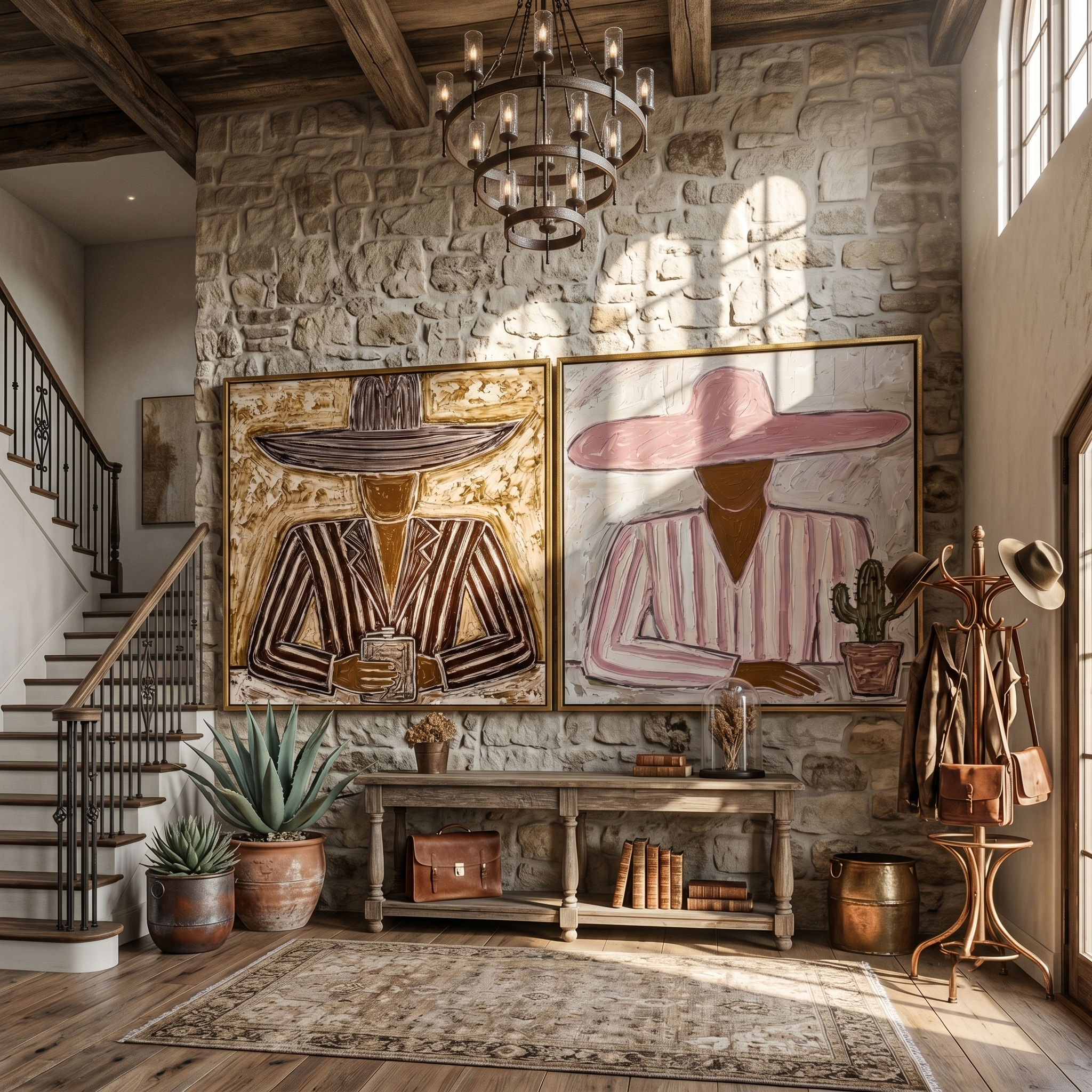 "Under the Wide Brim" — 3D Textured Abstract Western Figure Wall Art Set | Pink & Umber Framed Diptych#VA611