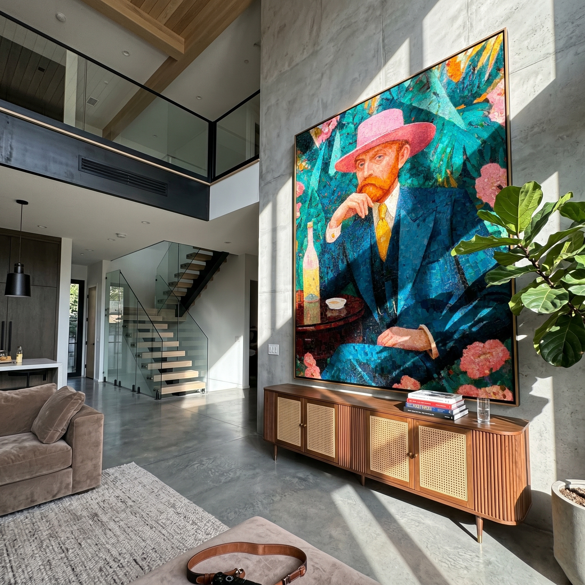 "Gentleman with the Pink Hat" – Modern Mosaic-Style Figurative Art | 3D Teal & Coral Textured Portrait | Luxury Square Wall Art#PE 005