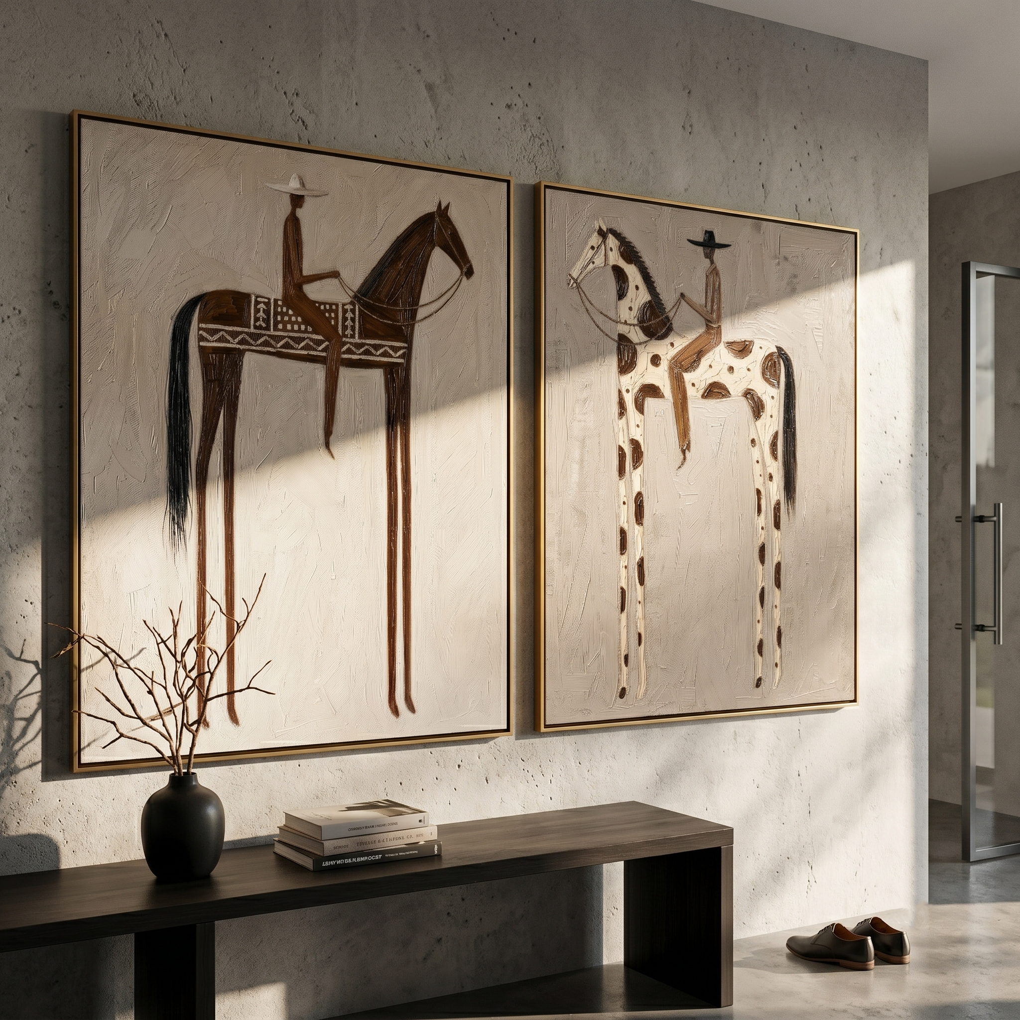 "Stillness on the Saddle" — 3D Textured Abstract Horse & Rider Wall Art Set | Neutral Western Framed Diptych#VA608