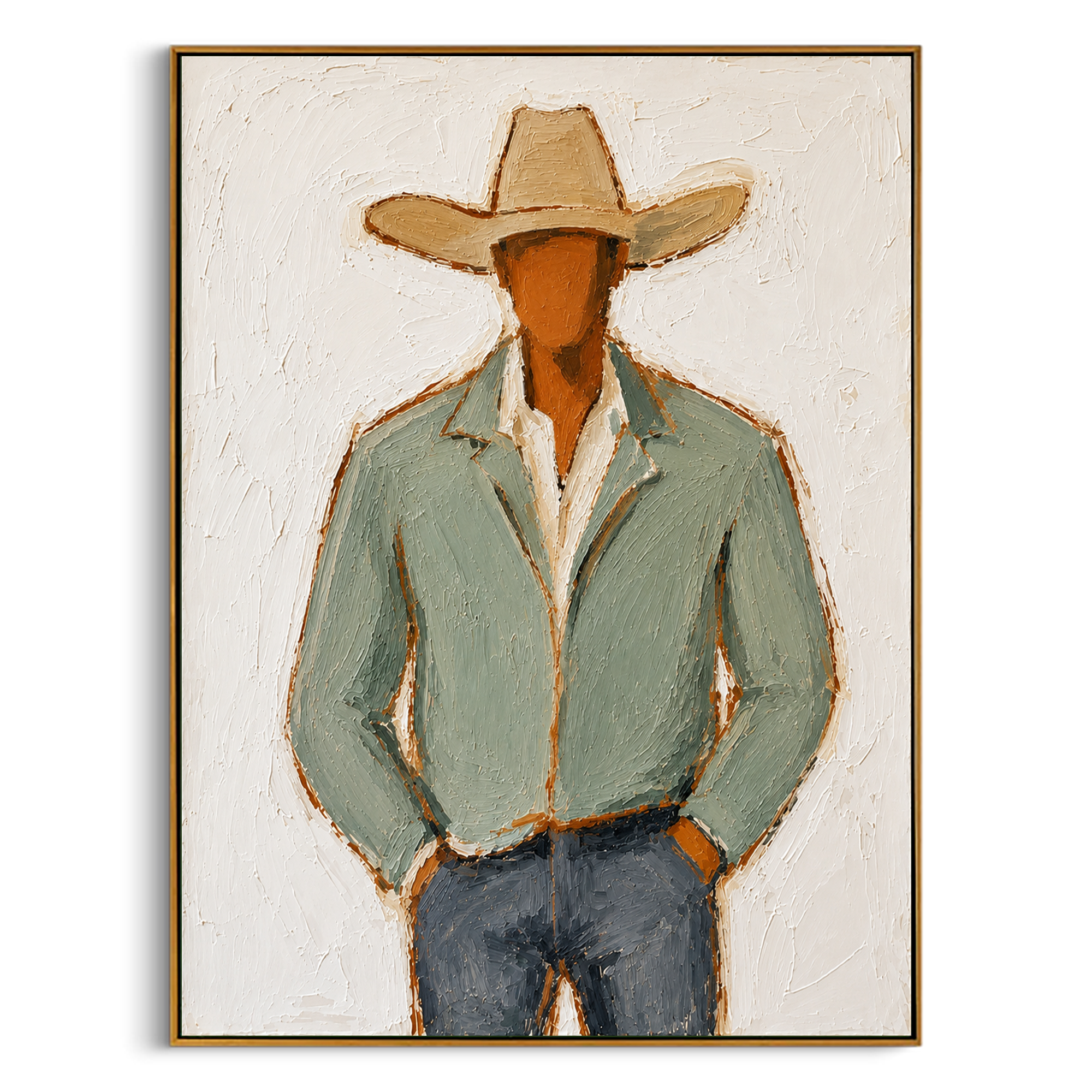 "Stylized Cowboy in Green" – Expressive Impasto Western Art | 3D Layered Neutral & Earthy Canvas | Luxury Vertical Wall Art#PE 007