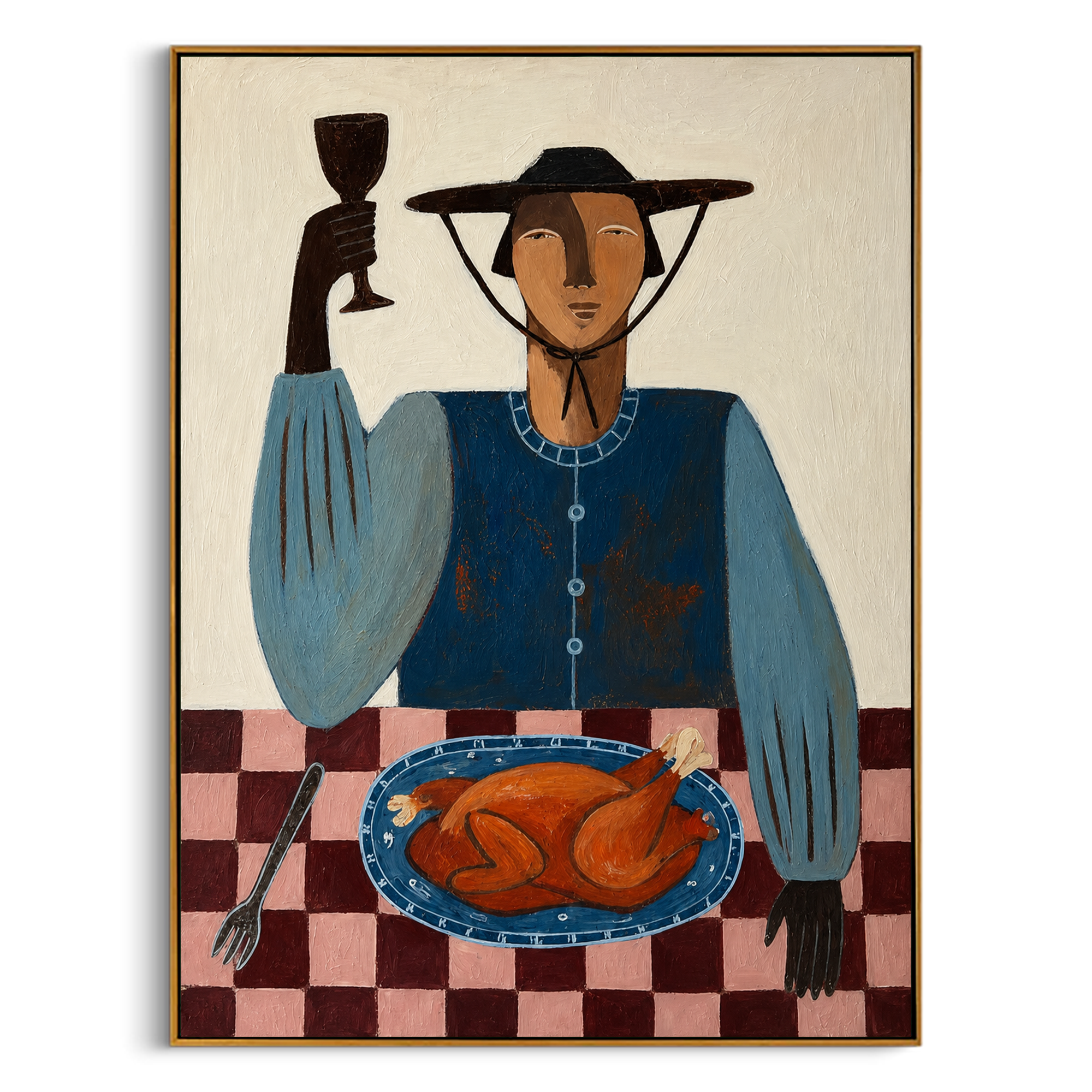 "Vintage Dinner Portrait" – Tactile Folk Art Inspired Artwork | Muted Blues & Checkered Impasto Wall Decor | Contemporary Vertical Statement Piece#PE 008