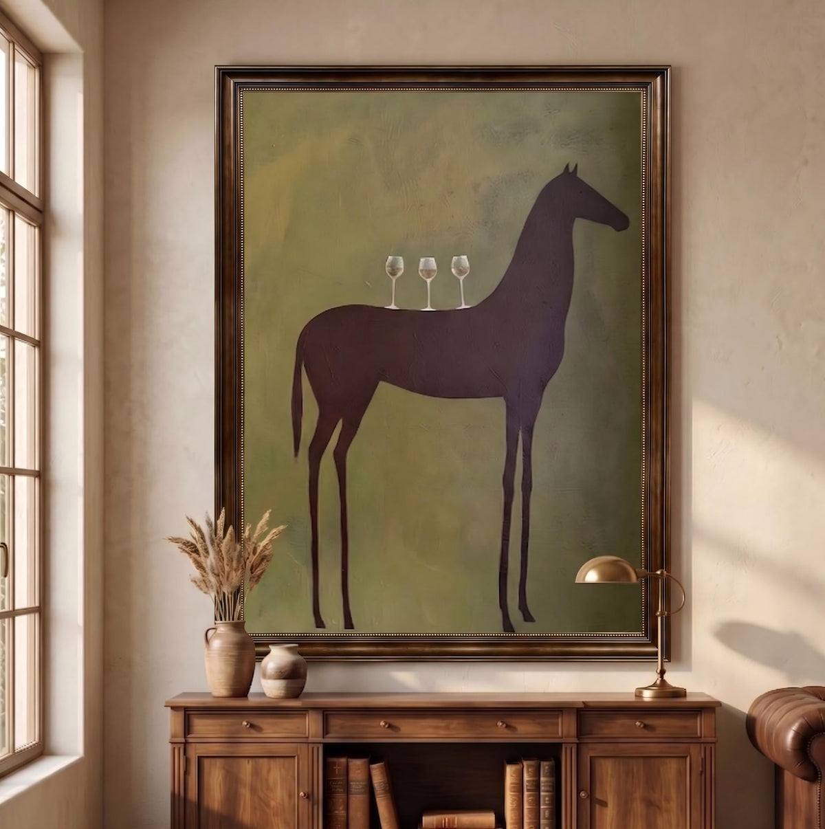 "Quiet Toast" - Modern Heavy Impasto Western Animal Artwork | Green Palette Knife Painting | Luxury Vertical Wall Art #YK 1592
