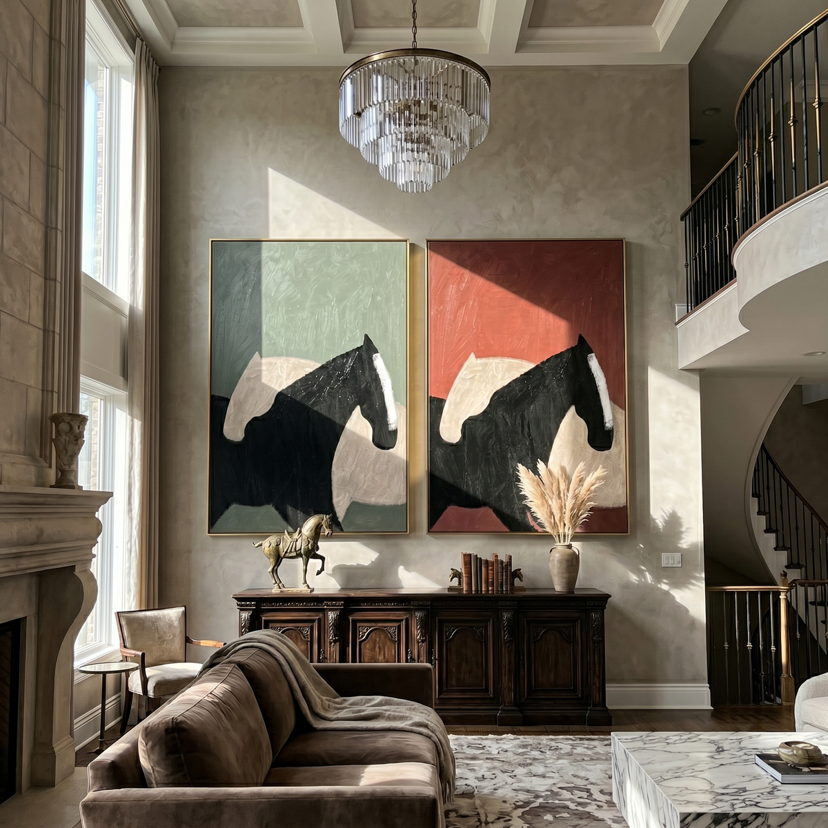 "Quiet Equine Forms" — 3D Textured Abstract Horse Wall Art Set | Sage Green & Terracotta Framed Painting#VA600