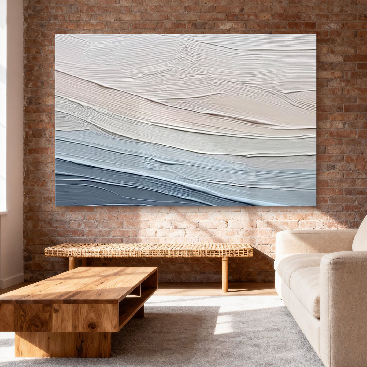 "Beige Lines" - 3D Heavy Impasto Plaster Relief | Blue & Beige Plaster Texture Statement Art