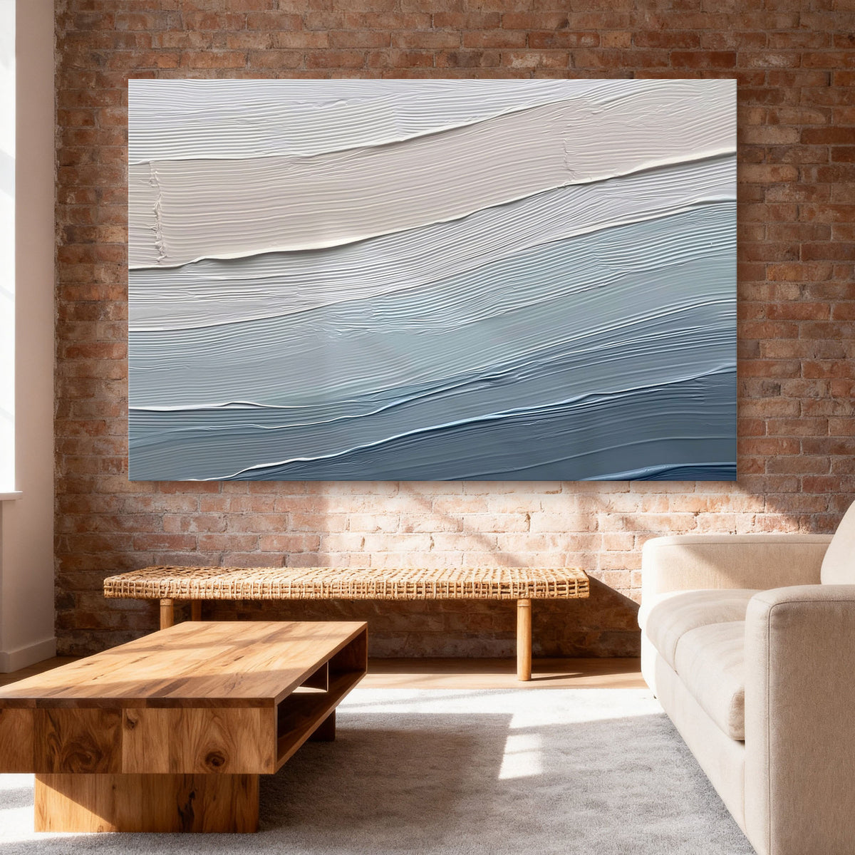 "Warm Lattice" - 3D Heavy Impasto Plaster Relief | Blue & Beige Plaster Texture Statement Art