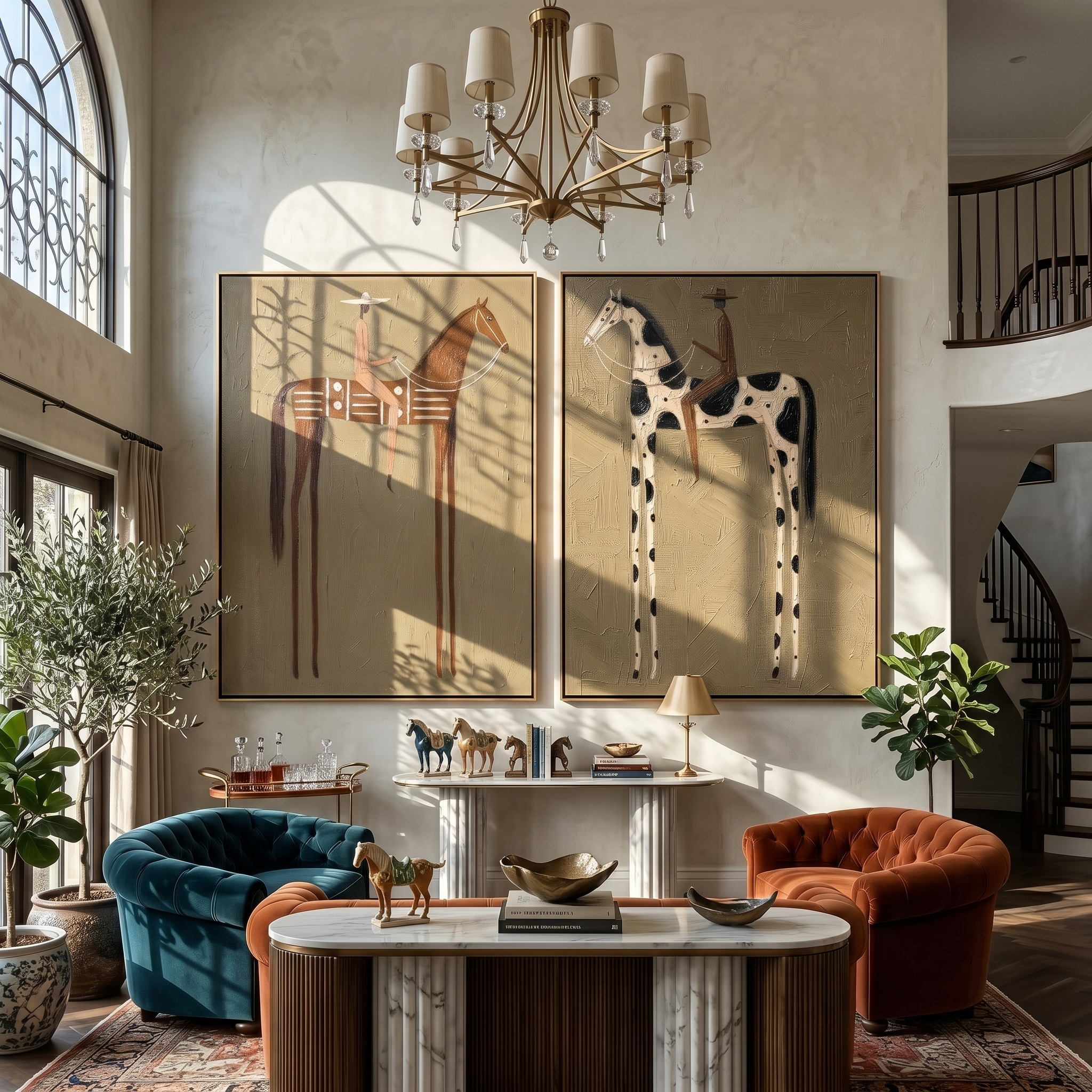 "Whispering Riders" — 3D Textured Abstract Horse & Rider Wall Art Set | Ochre & Slate Diptych#VA604