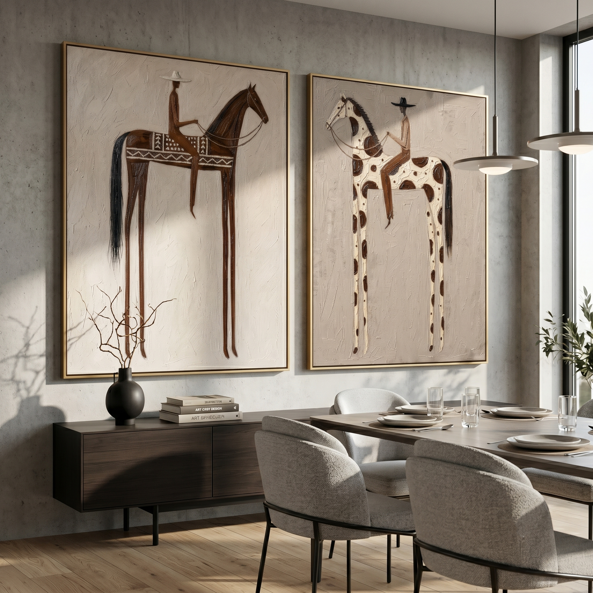 "Stillness on the Saddle" — 3D Textured Abstract Horse & Rider Wall Art Set | Neutral Western Framed Diptych#VA608