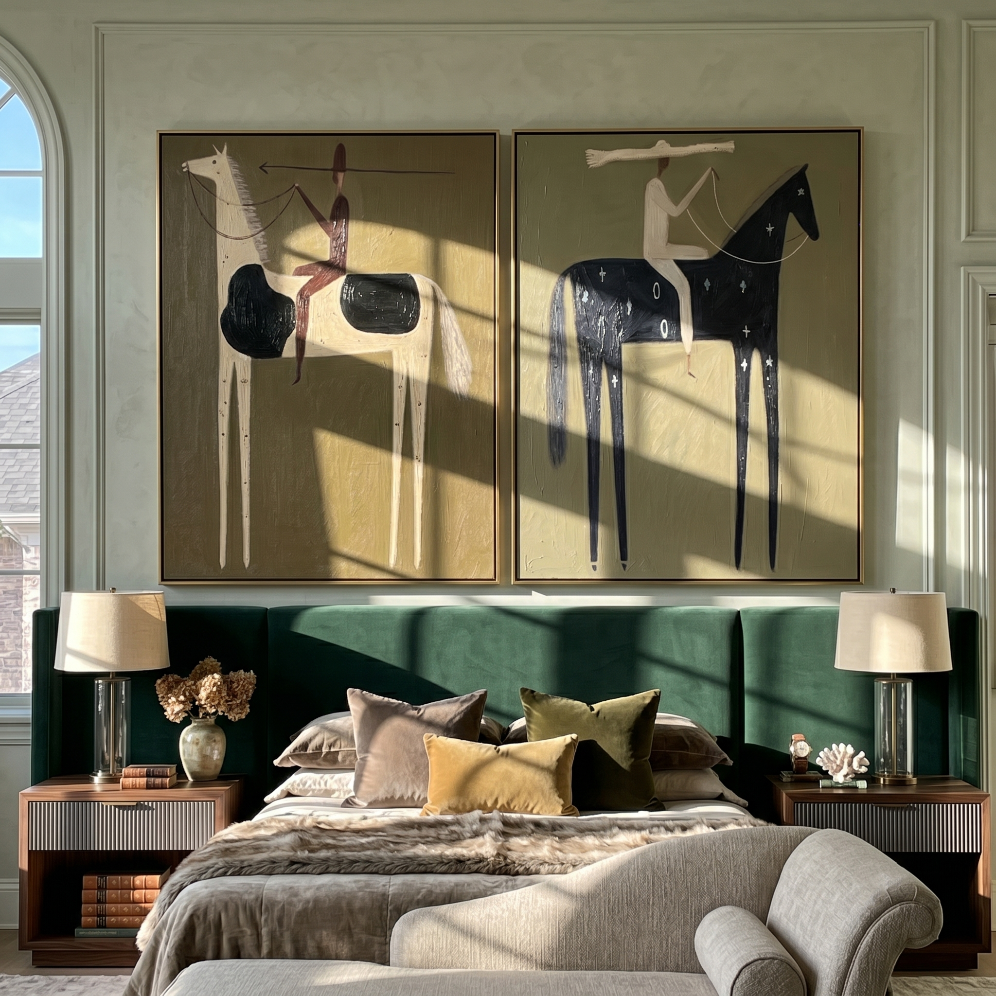 "Where Arrows Dream of Constellations" — 3D Textured Abstract Western Rider Wall Art Set | Olive, Ivory & Midnight Framed Diptych#VA620