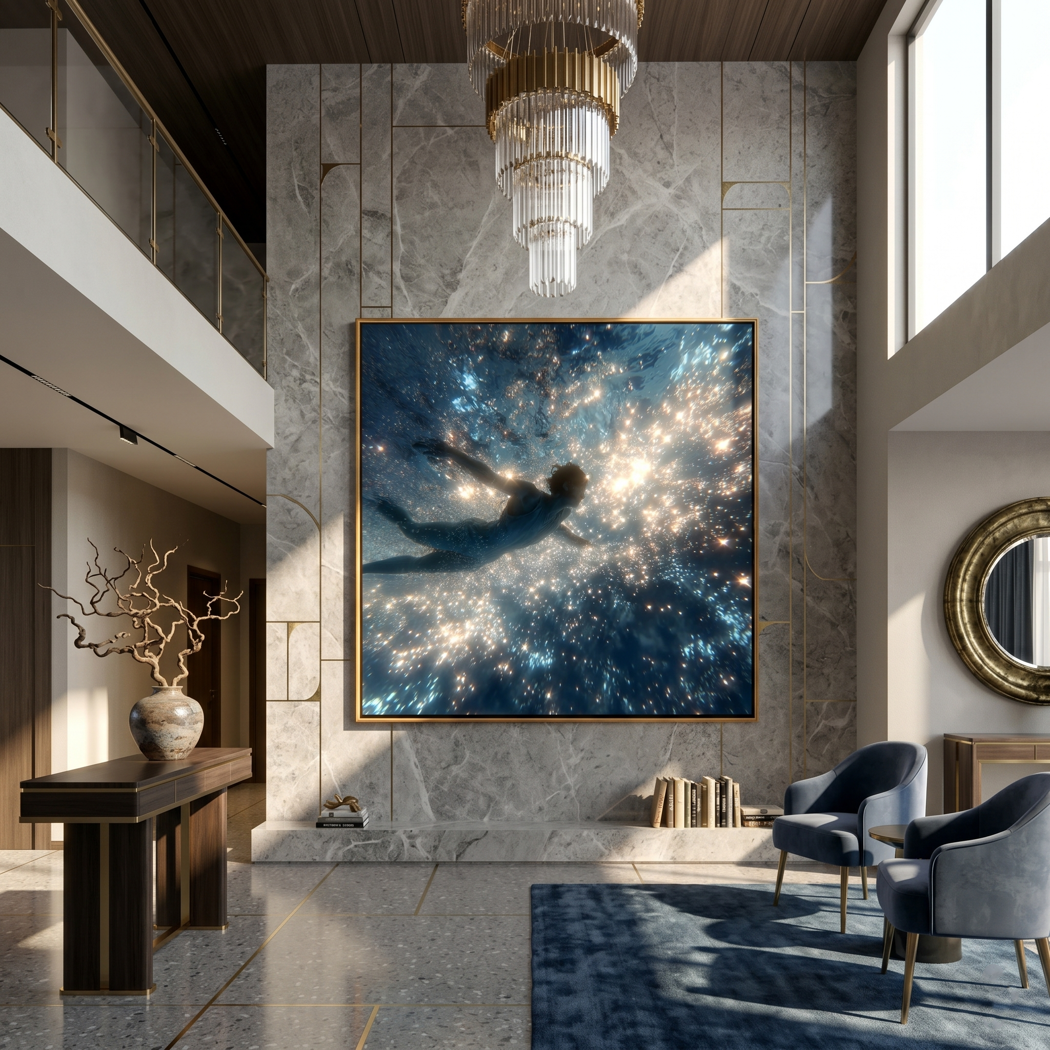 "Underwater Starlight Swim" – Modern Luminous Figurative Art | 3D Blue & Golden Light Palette Knife Painting | Luxury S quare Wall Art#LC 002