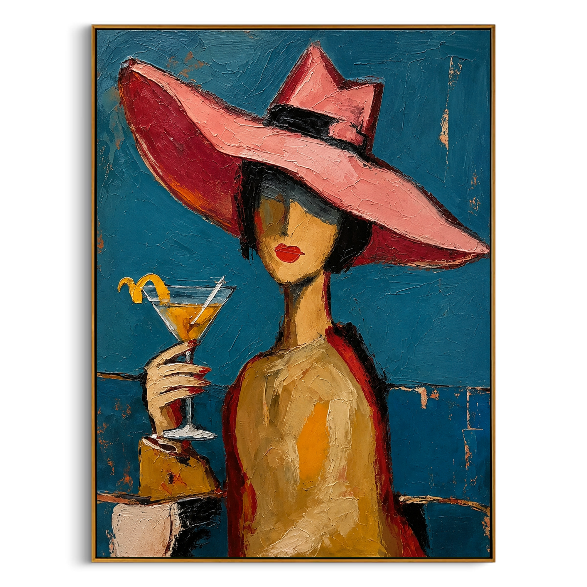 "Retro Woman with Martini" – Tactile Mid-Century Portrait Artwork | Bold Blue & Warm Ochre Impasto Wall Decor | Contemporary Vertical Statement Piece#PE 009