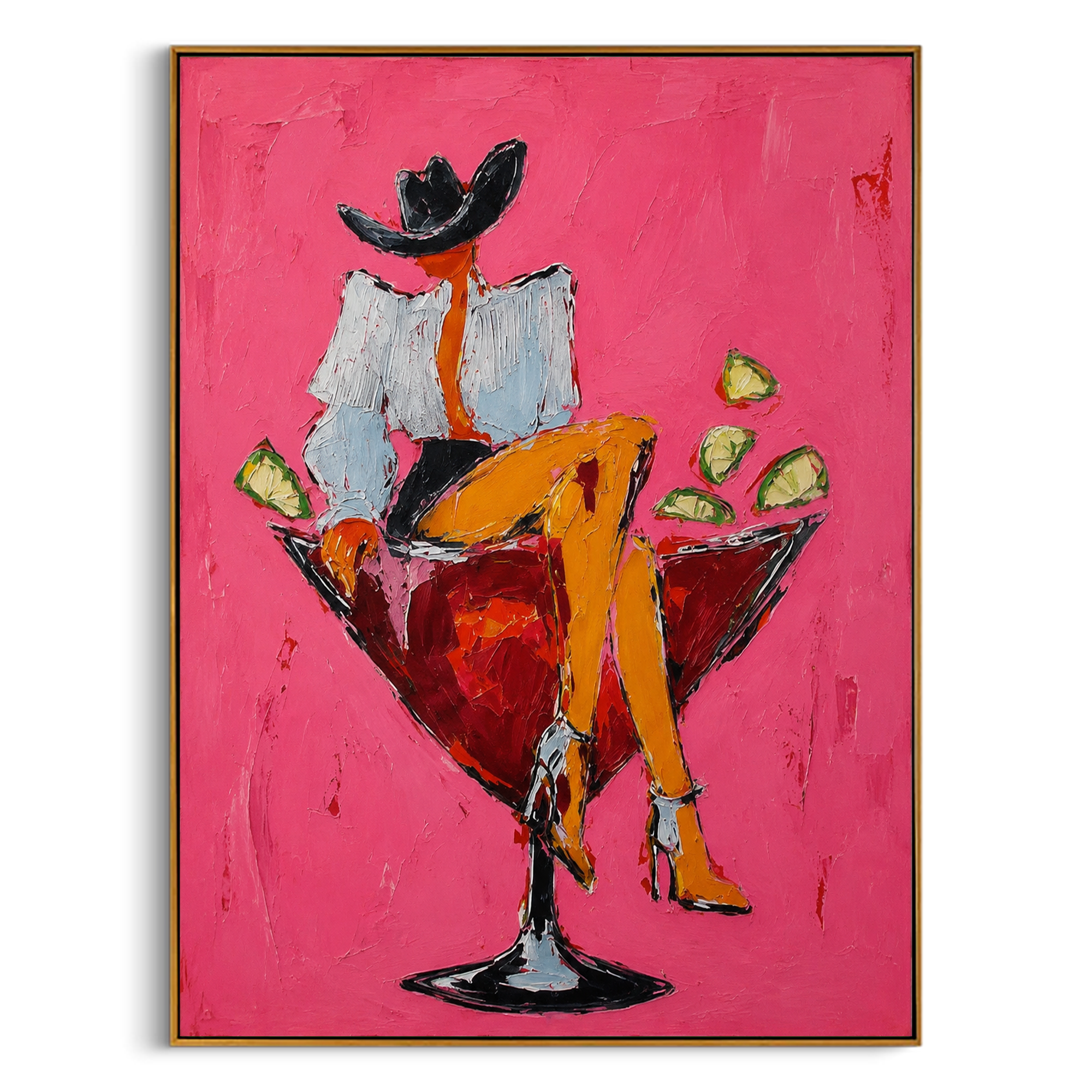 "Cowgirl in a Cocktail Glass" – Modern Heavy Impasto Figurative Art | 3D Hot Pink & Crimson Palette Knife Painting | Luxury Vertical Wall Art#AB 003