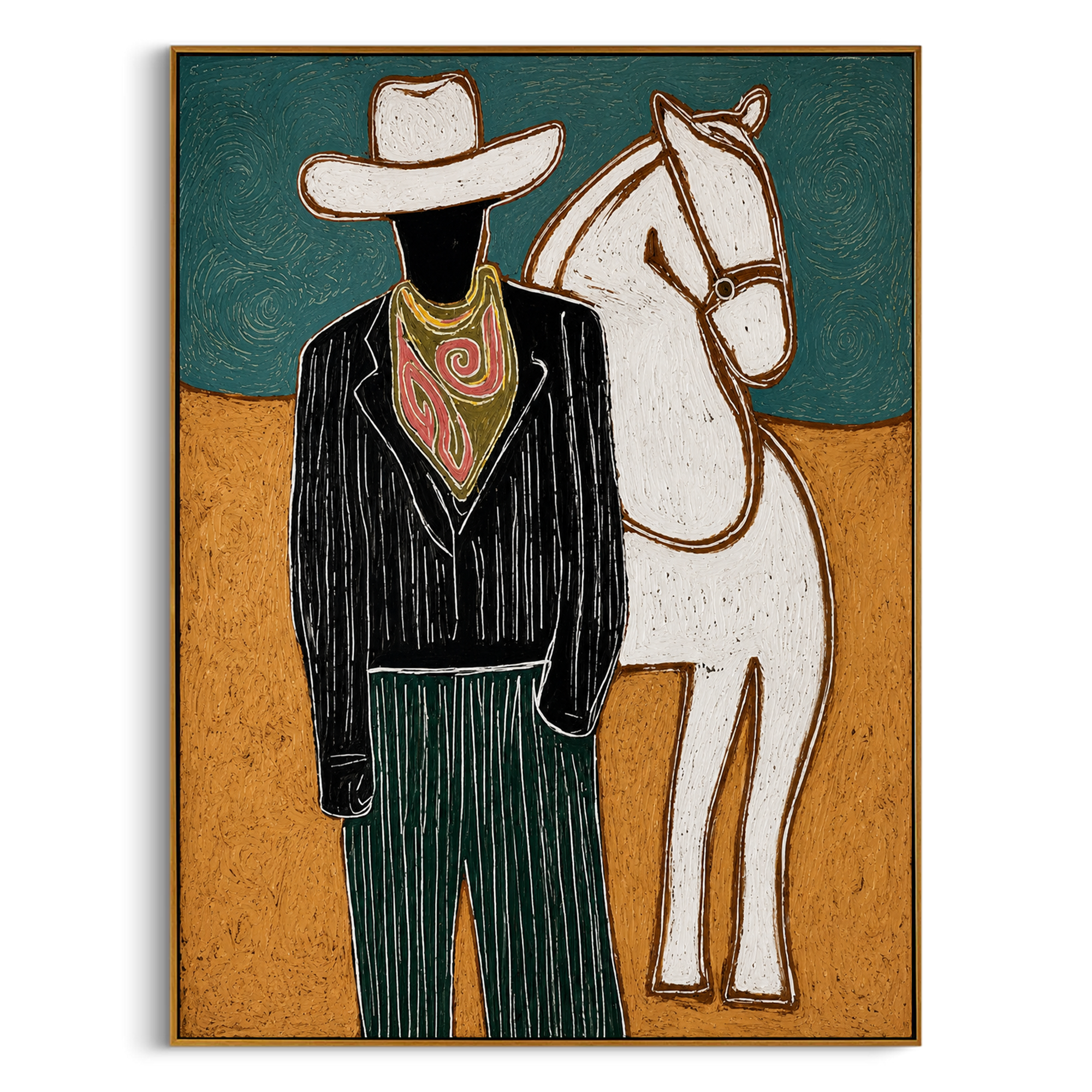 "The Dapper Cowboy & His Steed" – Modern Heavy Impasto Western Art | 3D Teal & Ochre Palette Knife Painting | Luxury Vertical Wall Art #PT 023
