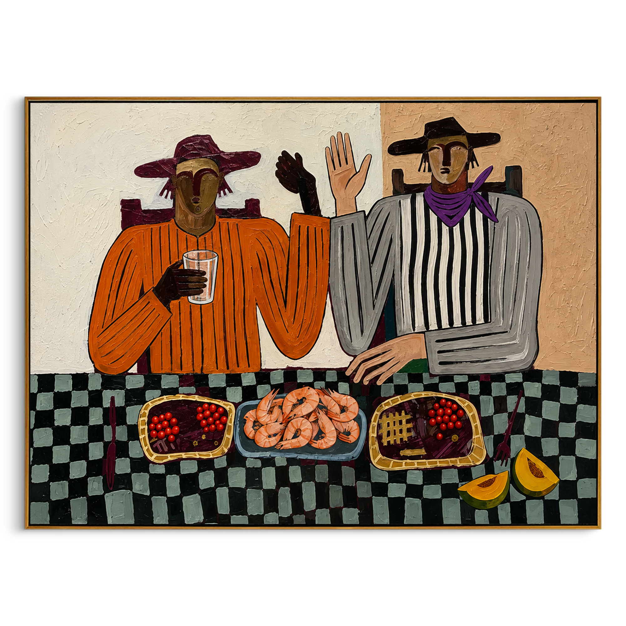"Dinner Companions" – Modern Heavy Impasto Folk Art | 3D Terracotta & Sage Palette Knife Painting | Luxury Horizontal Wall Art #PE 021