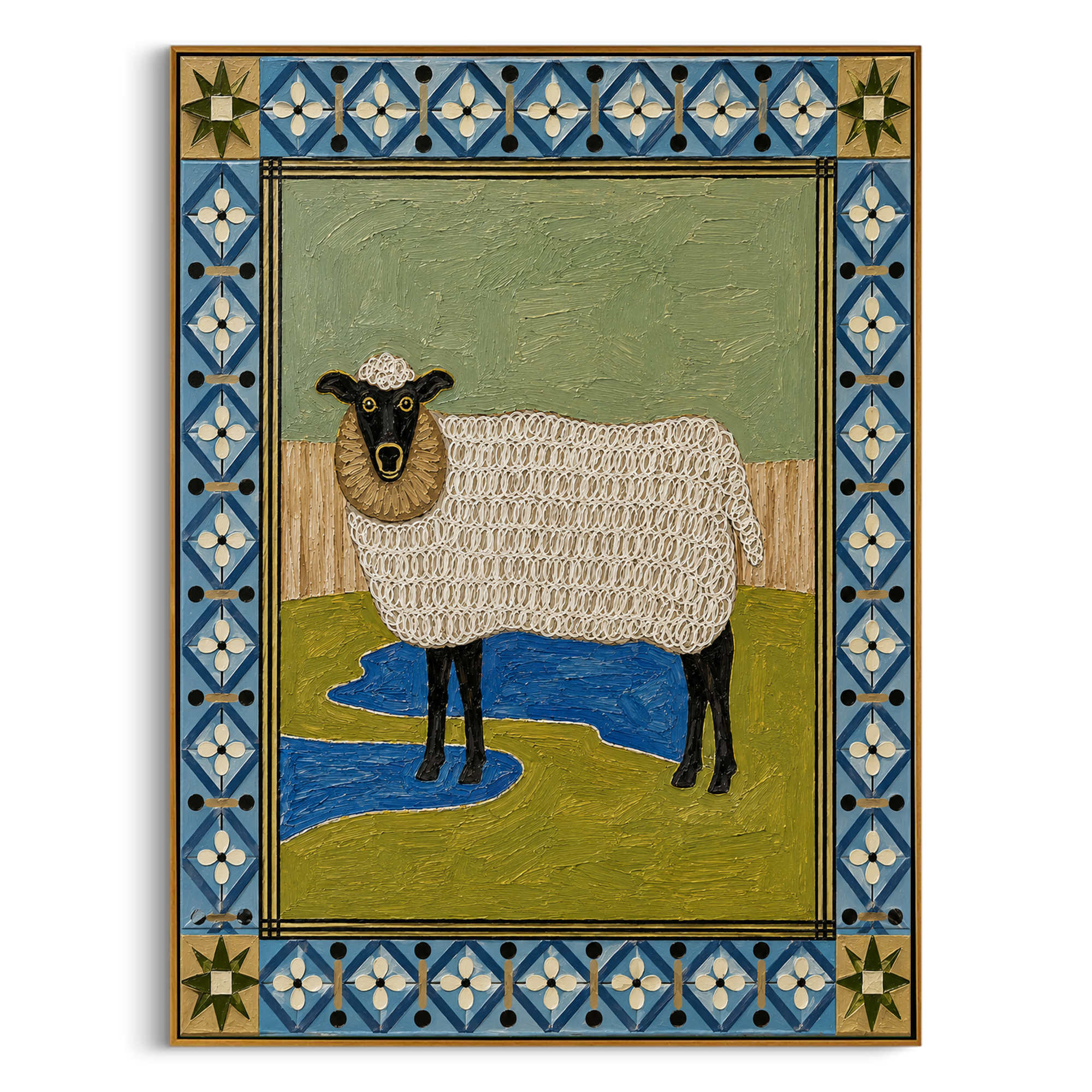 "Folk Art Sheep Portrait" – Modern Heavy Impasto Folk Art | 3D Cerulean & Moss Palette Knife Painting | Luxury Vertical Wall Art #AN 004