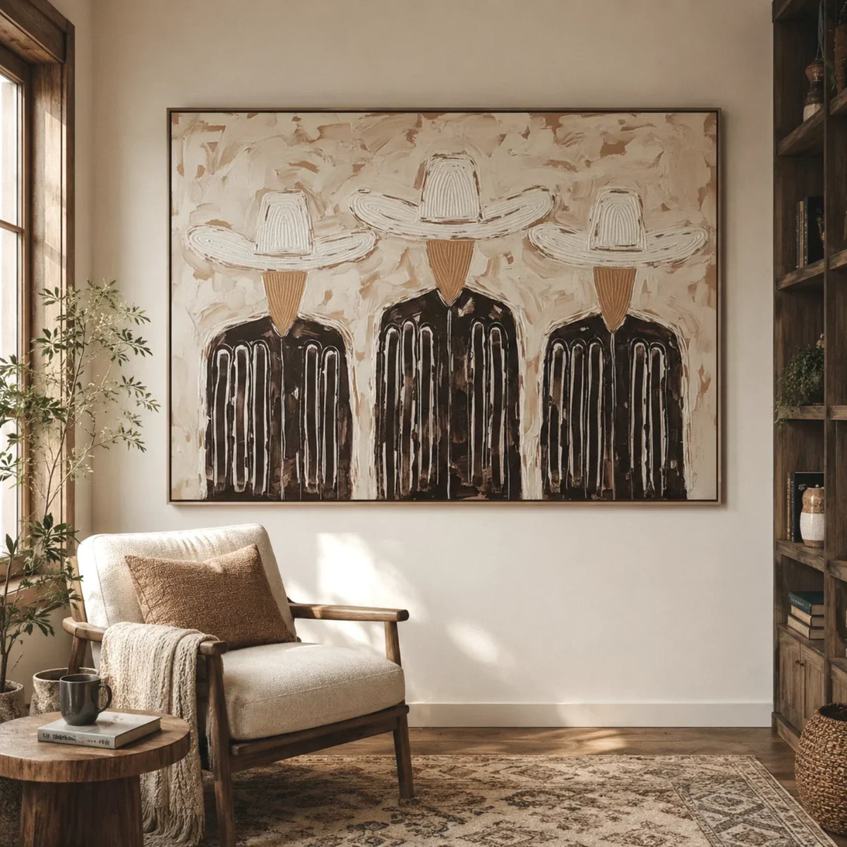 "Trinity in Linen" - Modern Heavy Impasto Abstract Artwork | Black & Golden Palette Knife Painting | Luxury Horizontal Wall Art #YK 1588