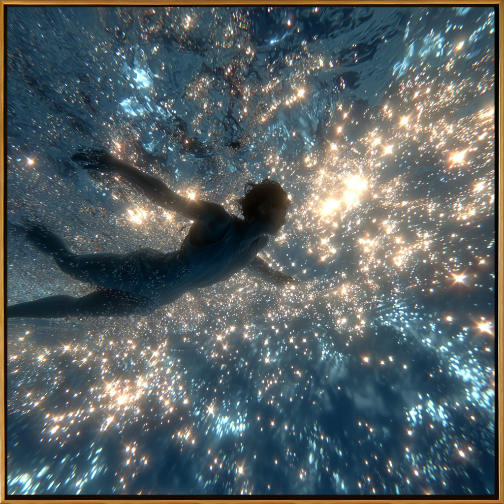 "Underwater Starlight Swim" – Modern Luminous Figurative Art | 3D Blue & Golden Light Palette Knife Painting | Luxury S quare Wall Art#LC 002