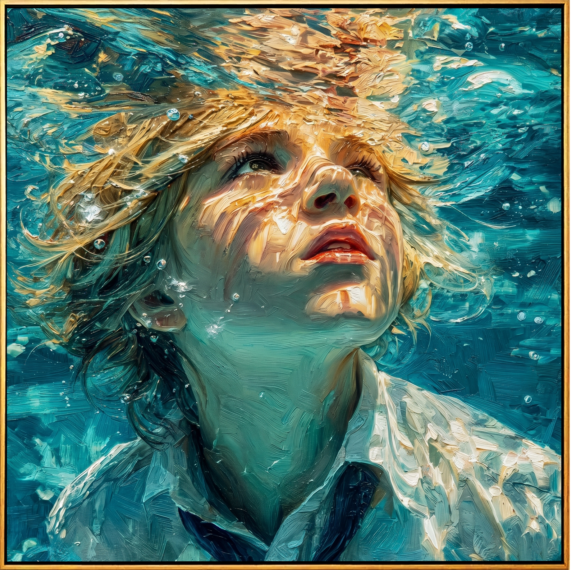 "Beneath the Surface Gaze" – Tactile Underwater Impressionist Art | Vibrant Turquoise & Warm Light Impasto Wall Decor | Contemporary Square Statement Piece#PE 001