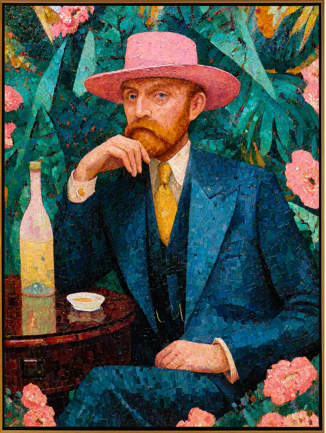 "Gentleman with the Pink Hat" – Modern Mosaic-Style Figurative Art | 3D Teal & Coral Textured Portrait | Luxury Square Wall Art#PE 005