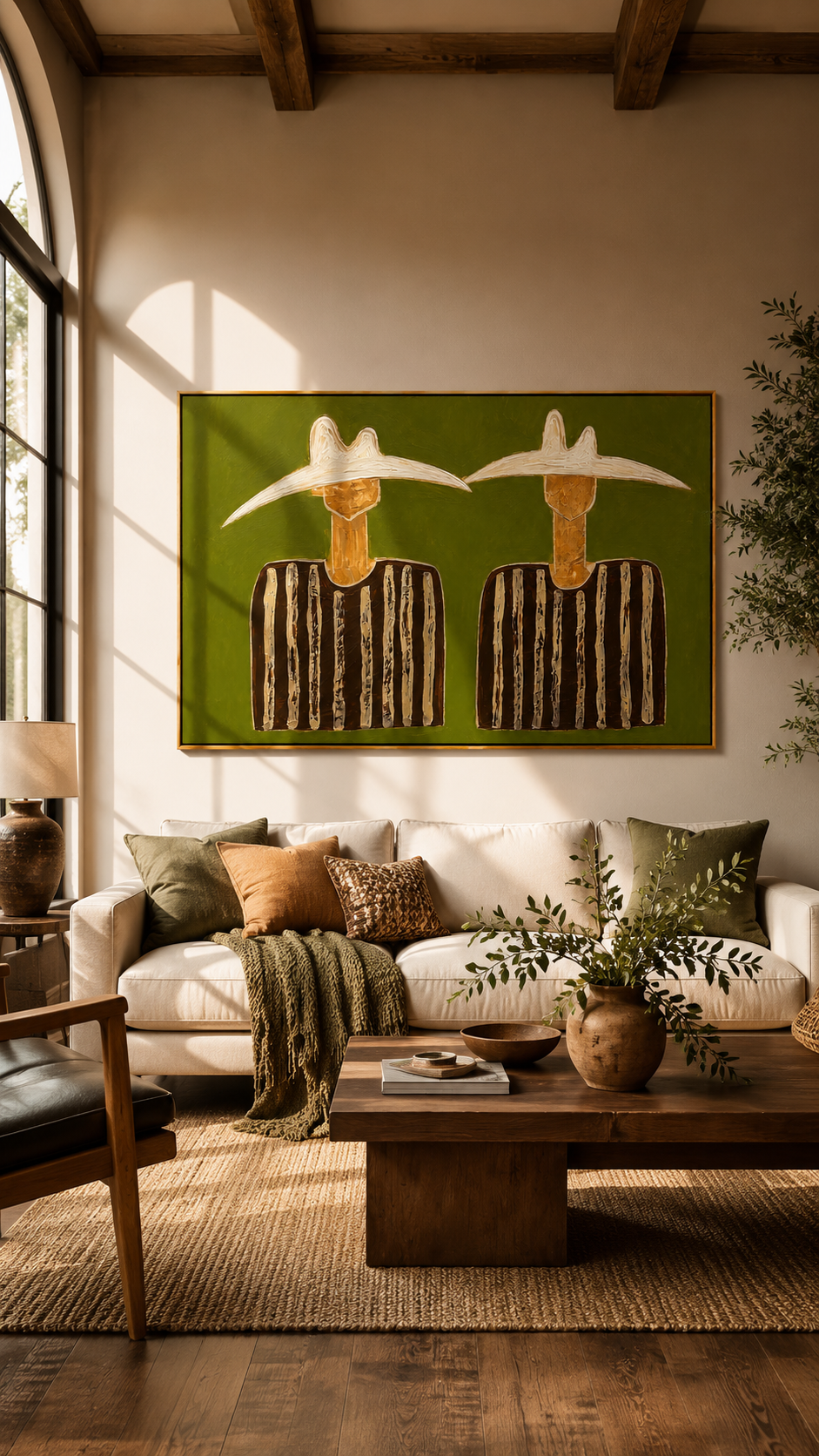 "Twin Quiet Riders" - Minimalist Western Figure Painting | Olive Green Contemporary Wall Art