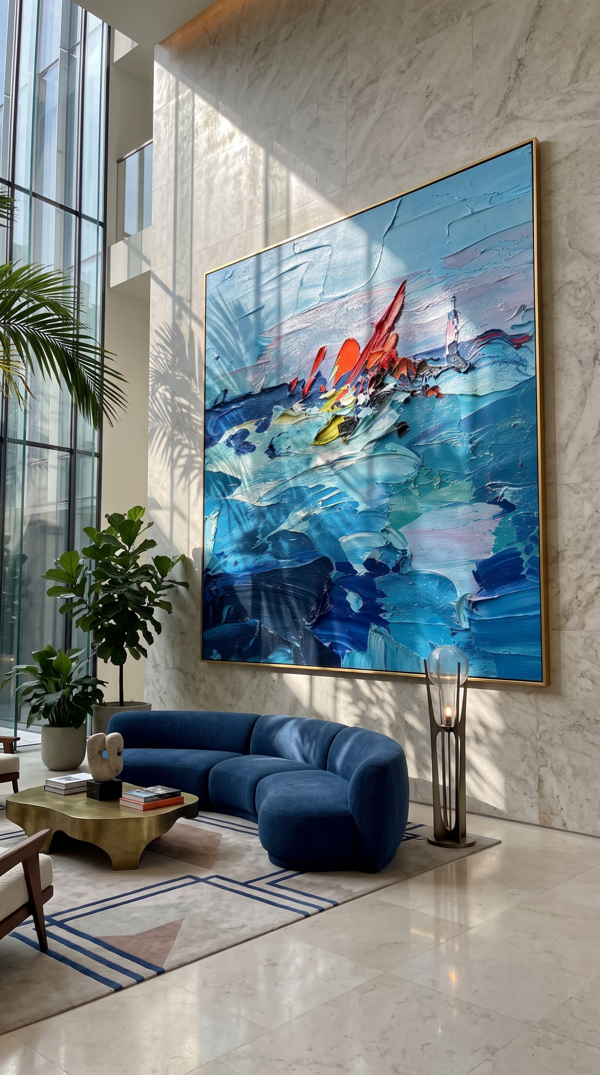 "Blue Current" - Colorful Impasto Ocean Painting | Blue Red & Yellow Seascape Wall Art