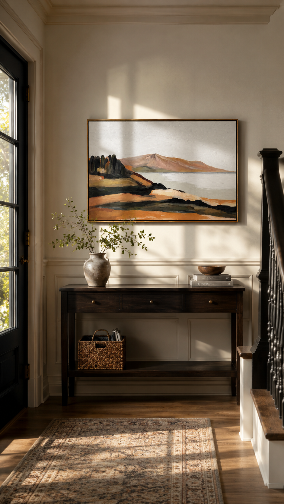 "Quiet Shoreline" - Minimalist Coastal Landscape Painting | Beige Blue & Brown Wall Art