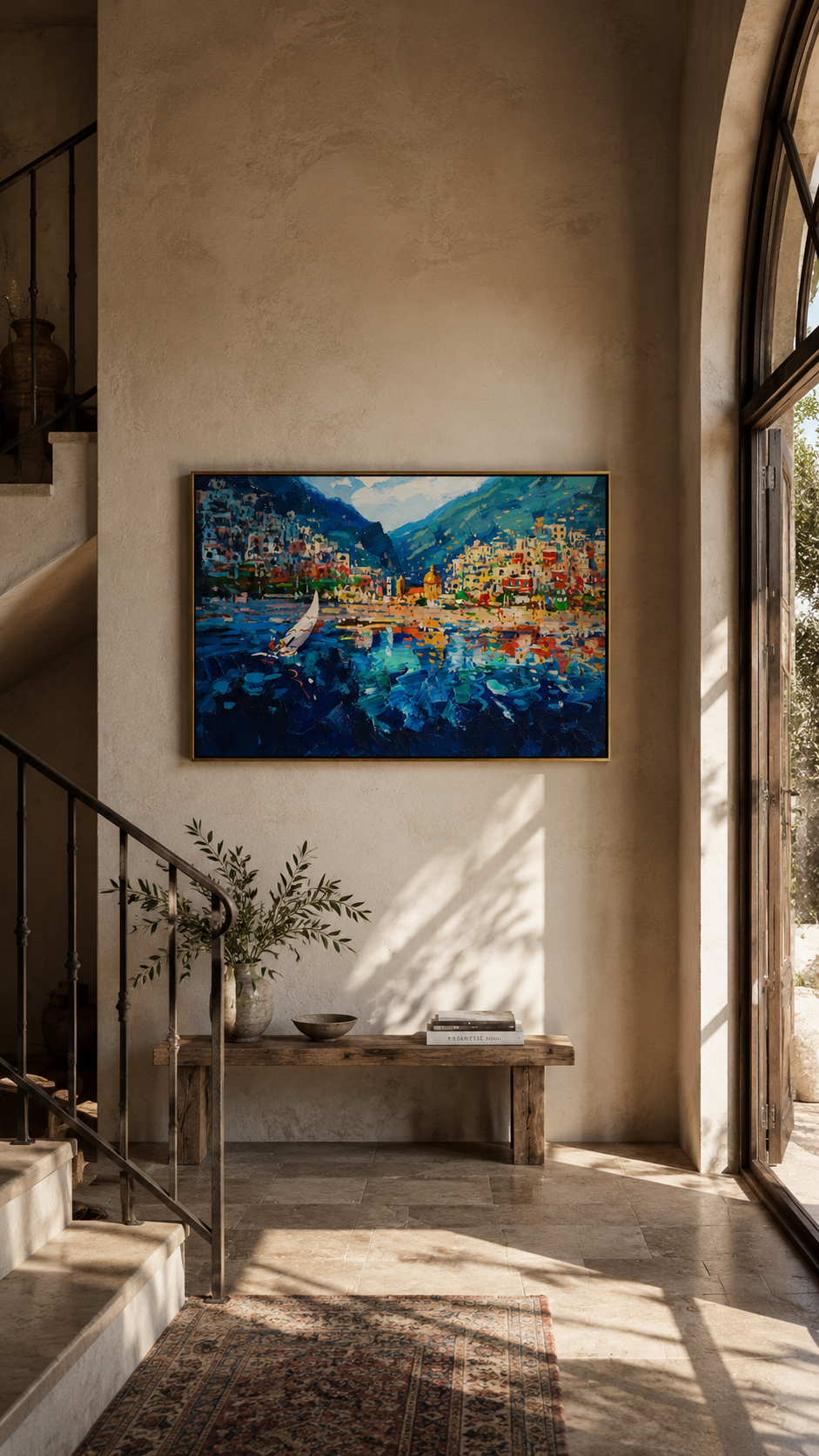 "Harbor Mosaic" - Colorful Impasto Coastal Village Painting | Blue Green & Orange Mediterranean Wall Art