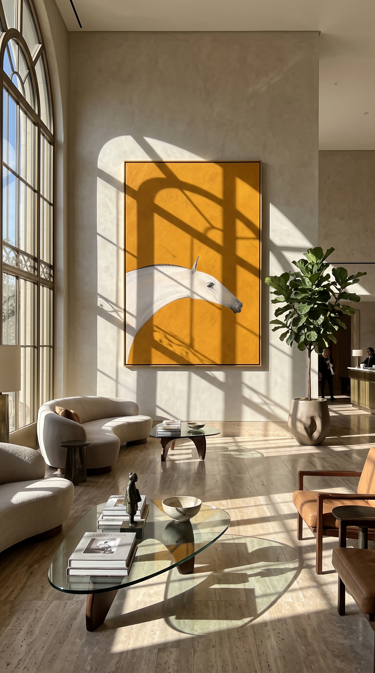 "Ochre Mare" - Minimalist White Horse Painting | Golden Yellow Vertical Animal Wall Art