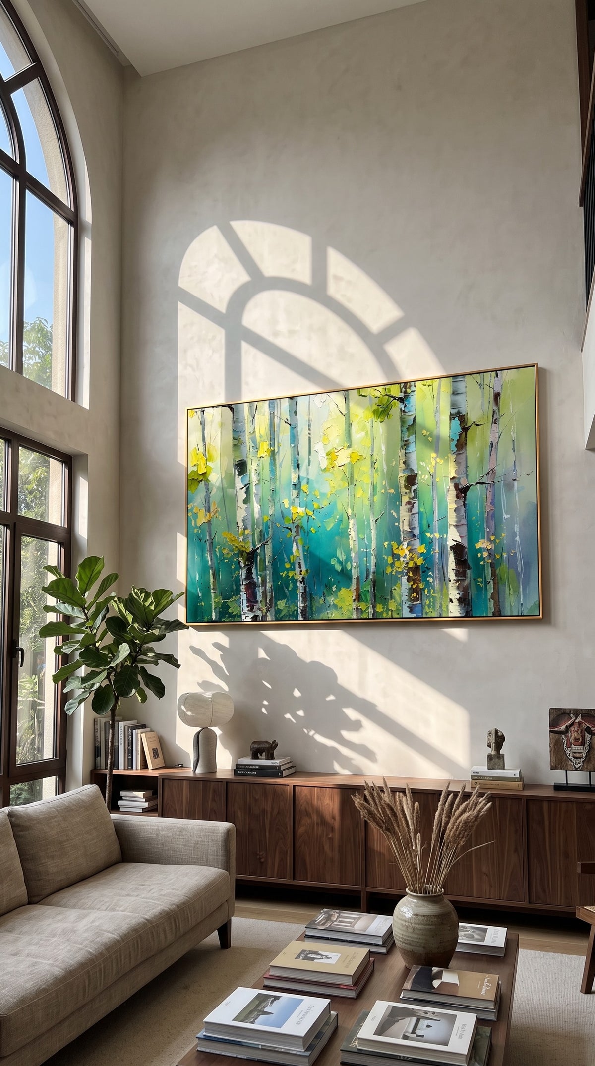 "Birch Light" - Colorful Birch Forest Painting | Green Blue & Yellow Woodland Wall Art