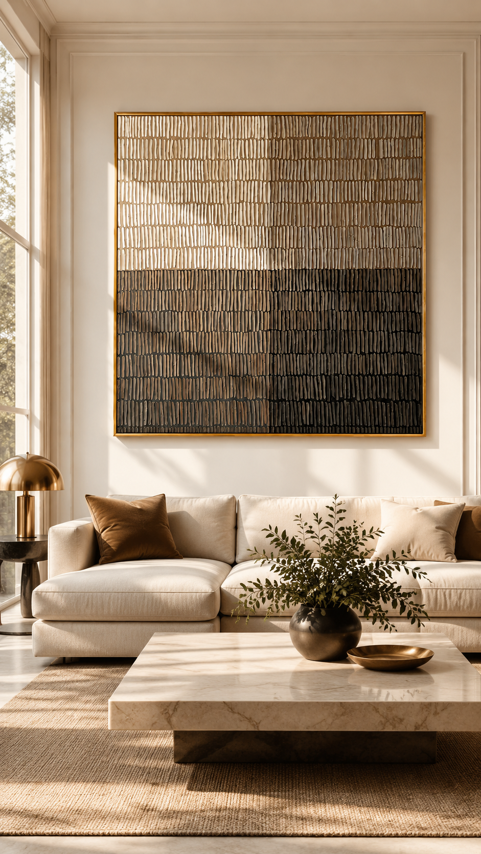 "Measured Silence" - 3D Minimalist Plaster Grid Relief | Beige Grey & Black Square Textured Art