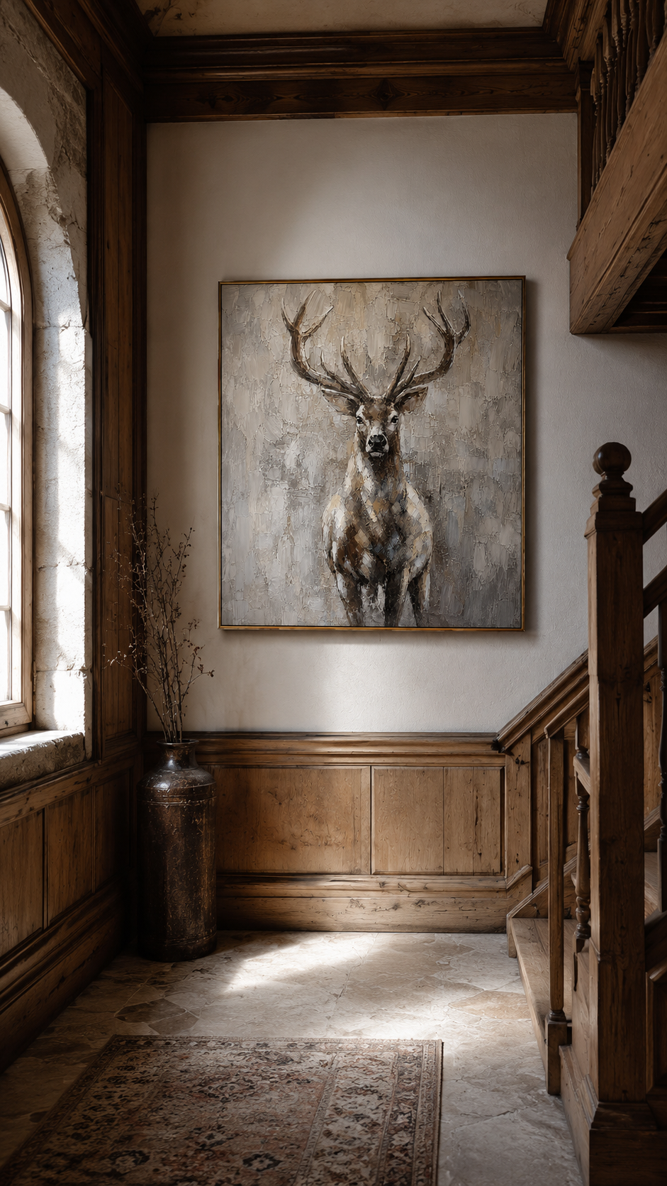 "Quiet Stag" - Textured Deer Portrait Painting | Beige Brown & Grey Vertical Animal Wall Art
