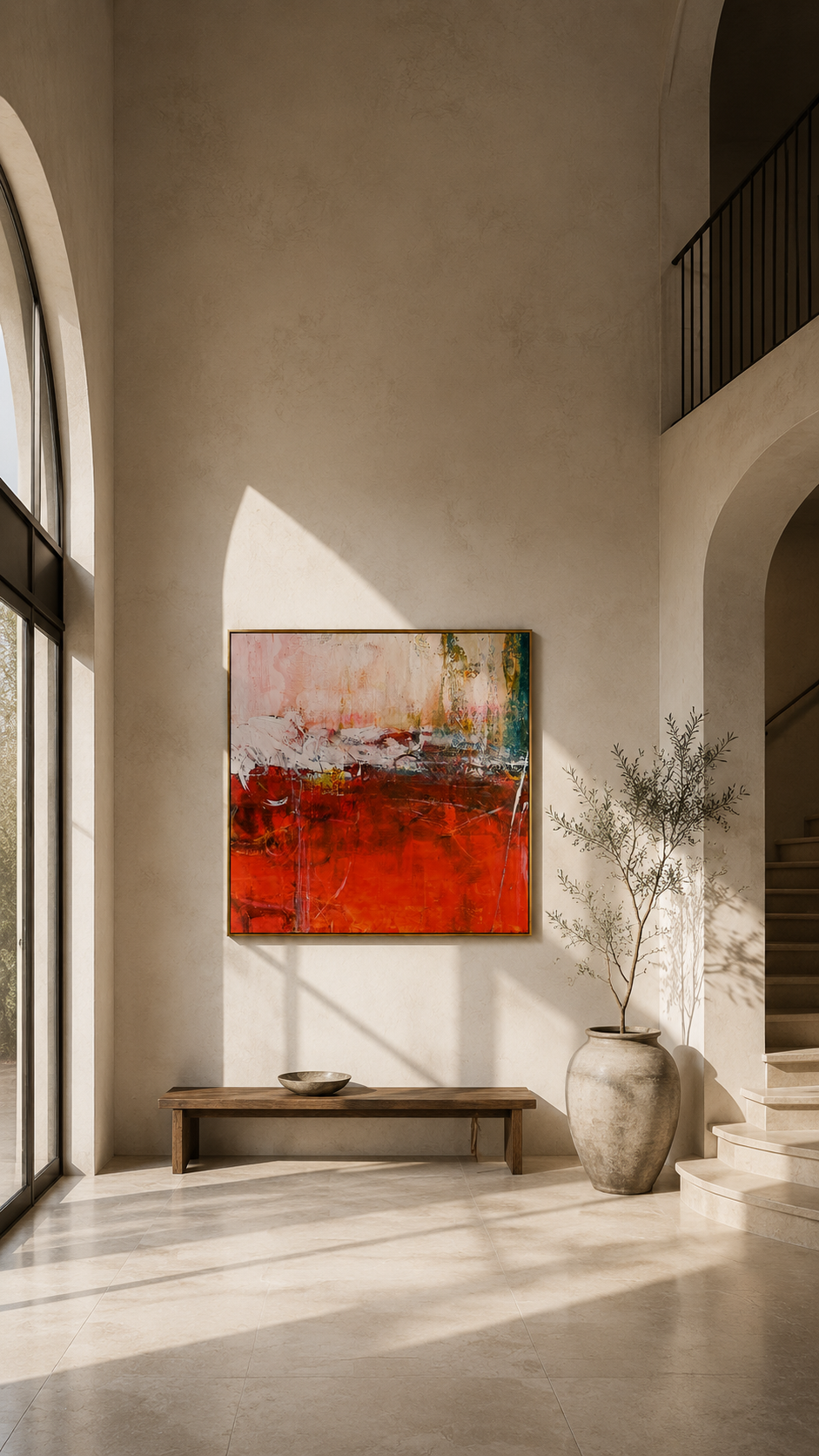 "Ember Divide" - Red White & Gold Textured Abstract Painting | Contemporary Square Statement Art