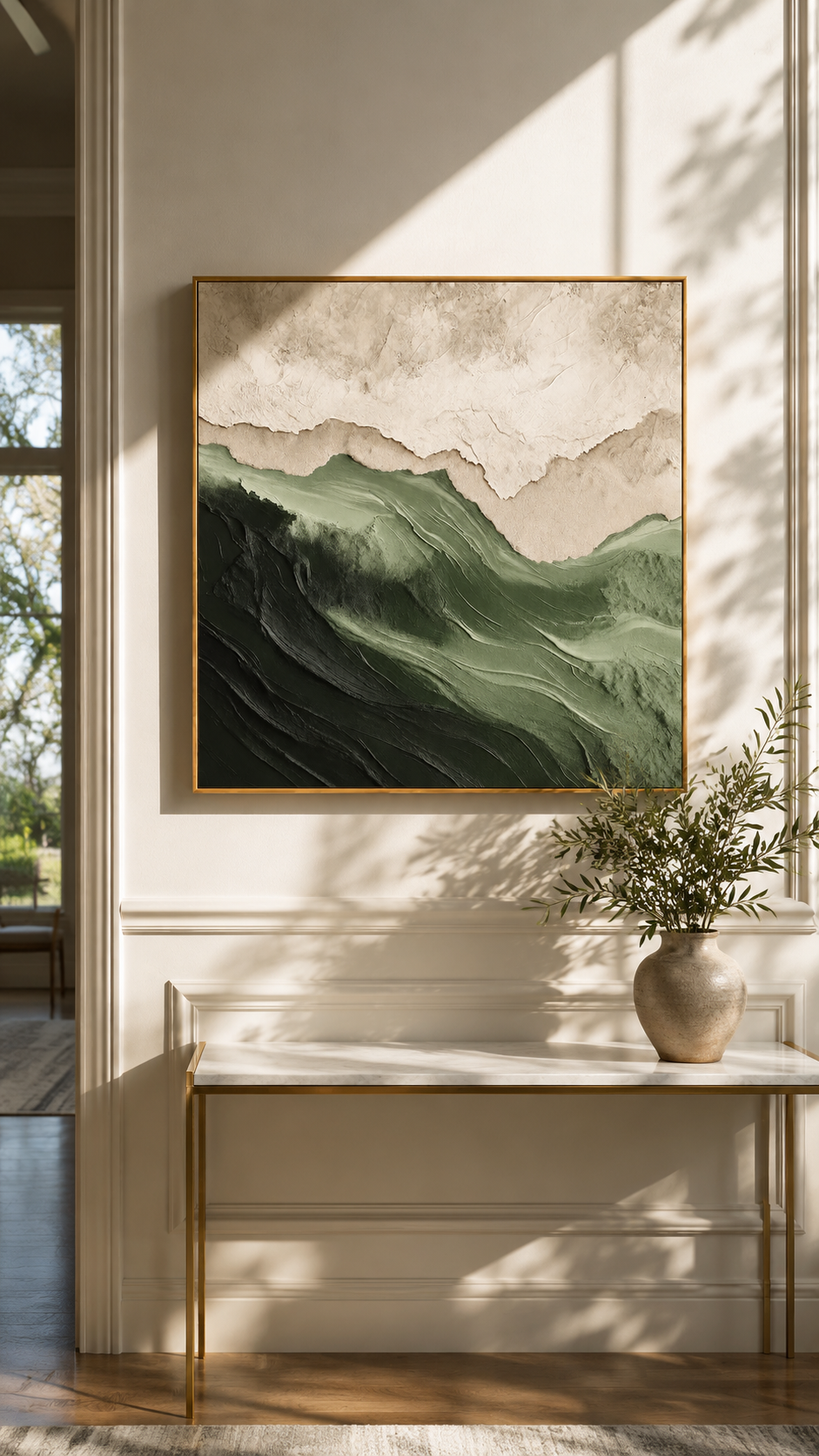 "Forest Ridge" - 3D Wabi-Sabi Mountain Relief | Green Beige & White Square Textured Art