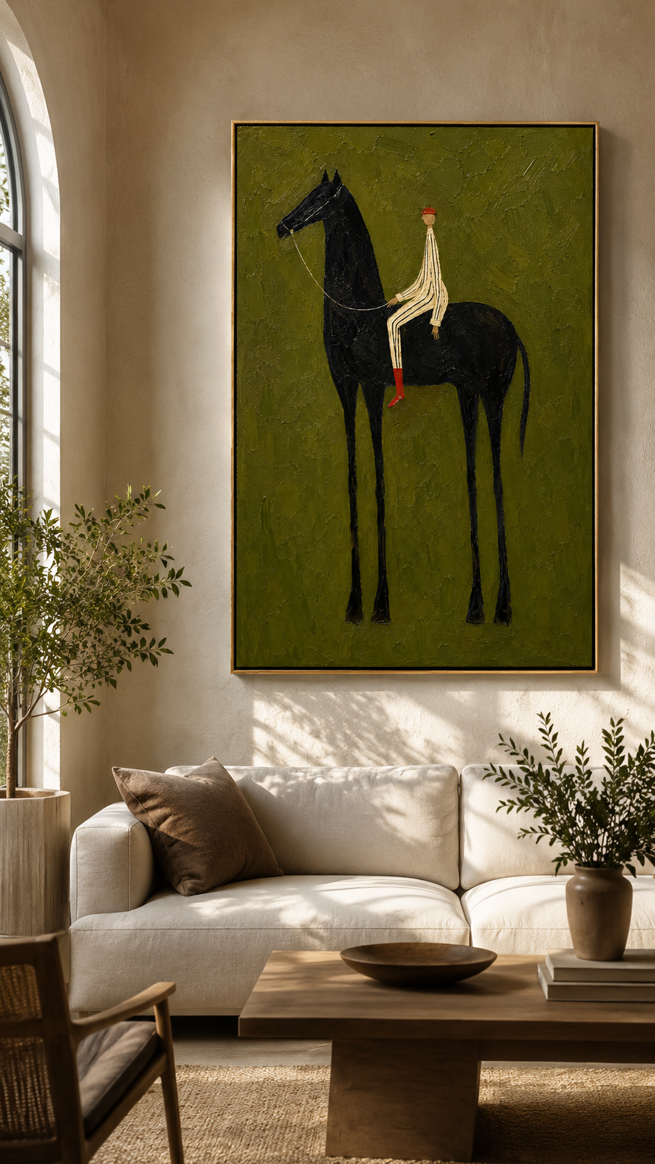 "Black Horse Reverie" - Minimalist Rider & Horse Painting | Olive Green Vertical Animal Wall Art