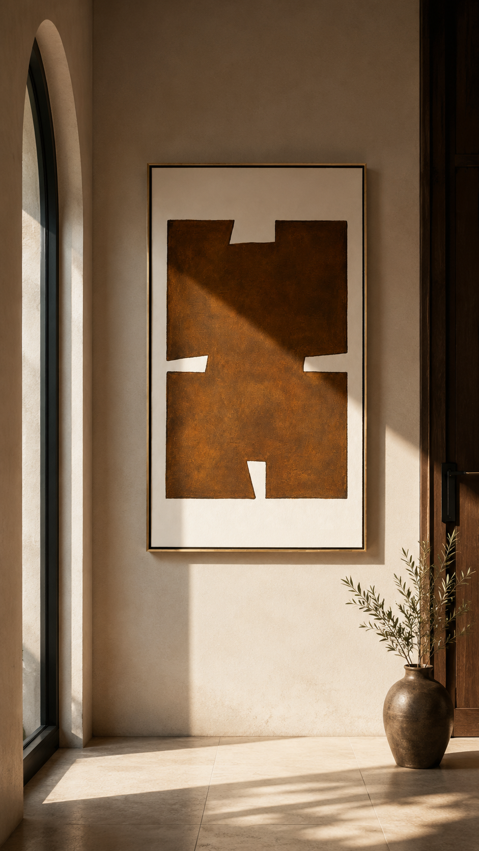 "Earthen Glyph" - Brown Minimalist Geometric Texture Art | Vertical Wabi-Sabi Wall Art