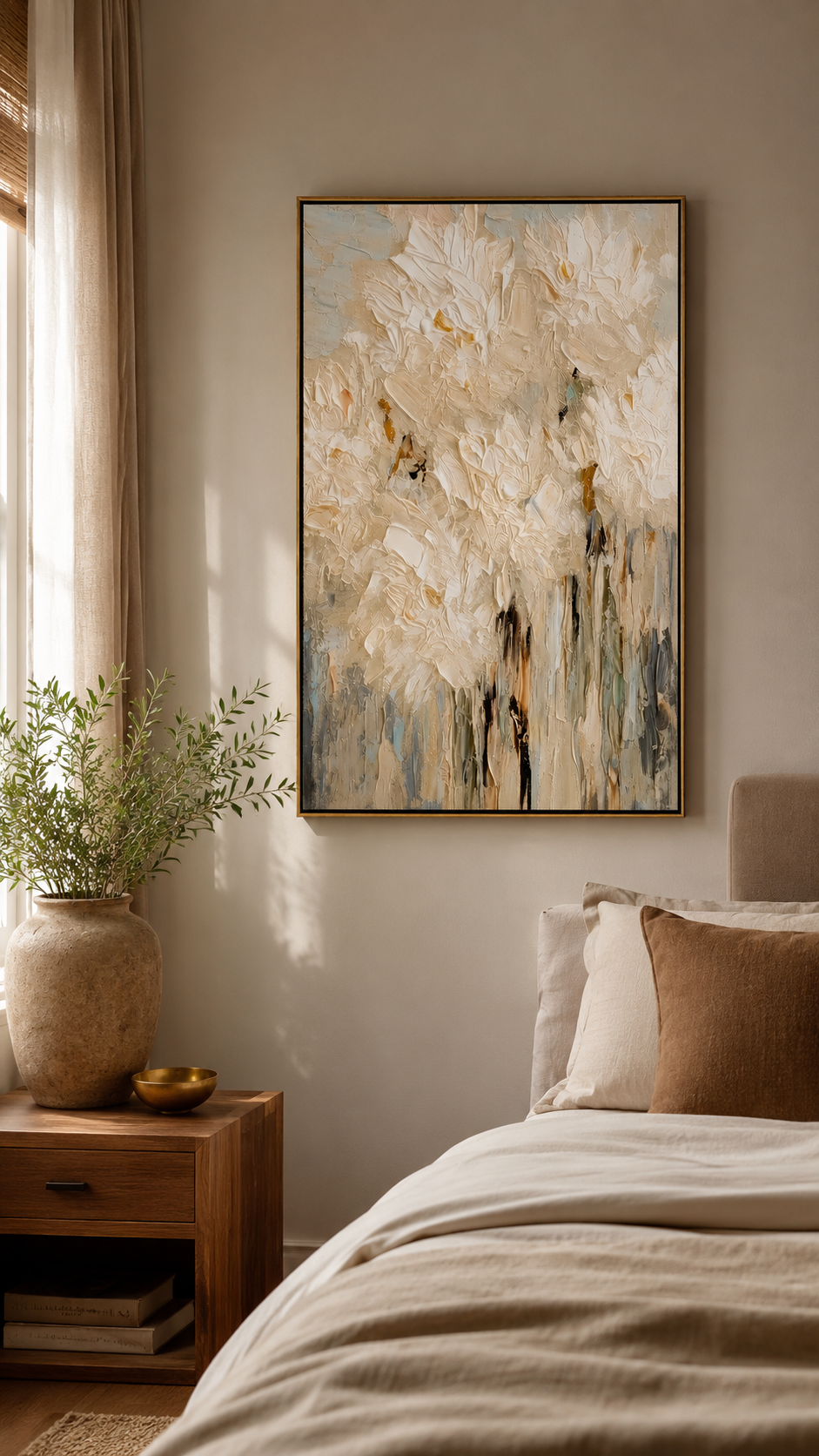 "Ivory Bloomfall" - White Impasto Floral Painting | Beige Textured Vertical Flower Wall Art