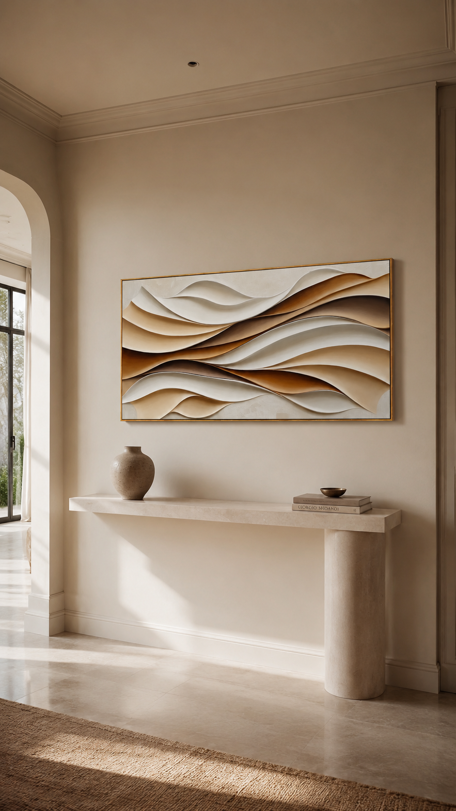 "Folded Dunes" - 3D White Beige & Brown Wave Relief | Horizontal Wabi-Sabi Textured Wall Art