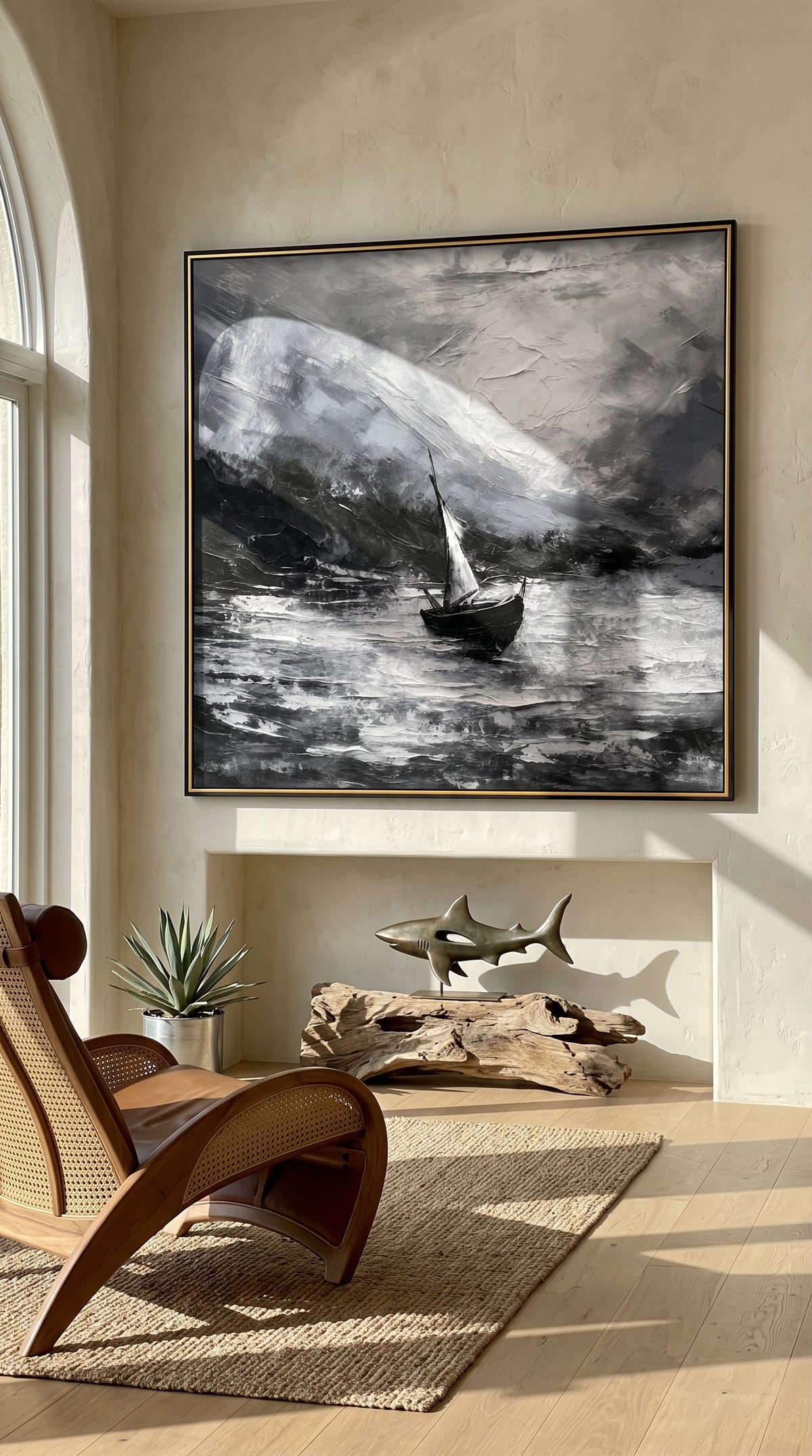 "Moonlit Passage" - Black White Sailboat Seascape | Black Grey White Vertical Coastal Wall Art
