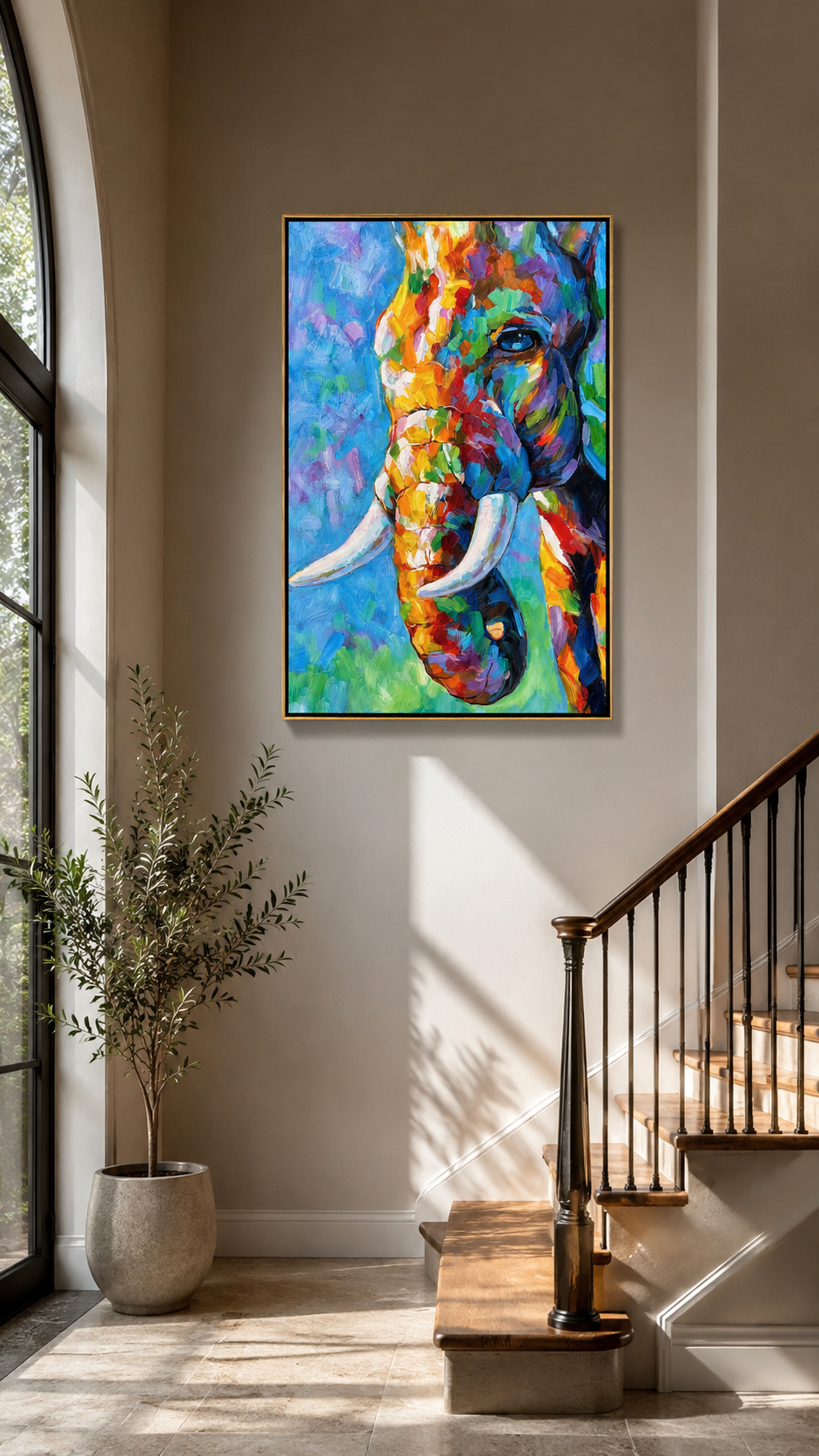"Colorfield Hound" - Colorful Impasto Dog Portrait | Blue Green & Orange Vertical Animal Wall Art