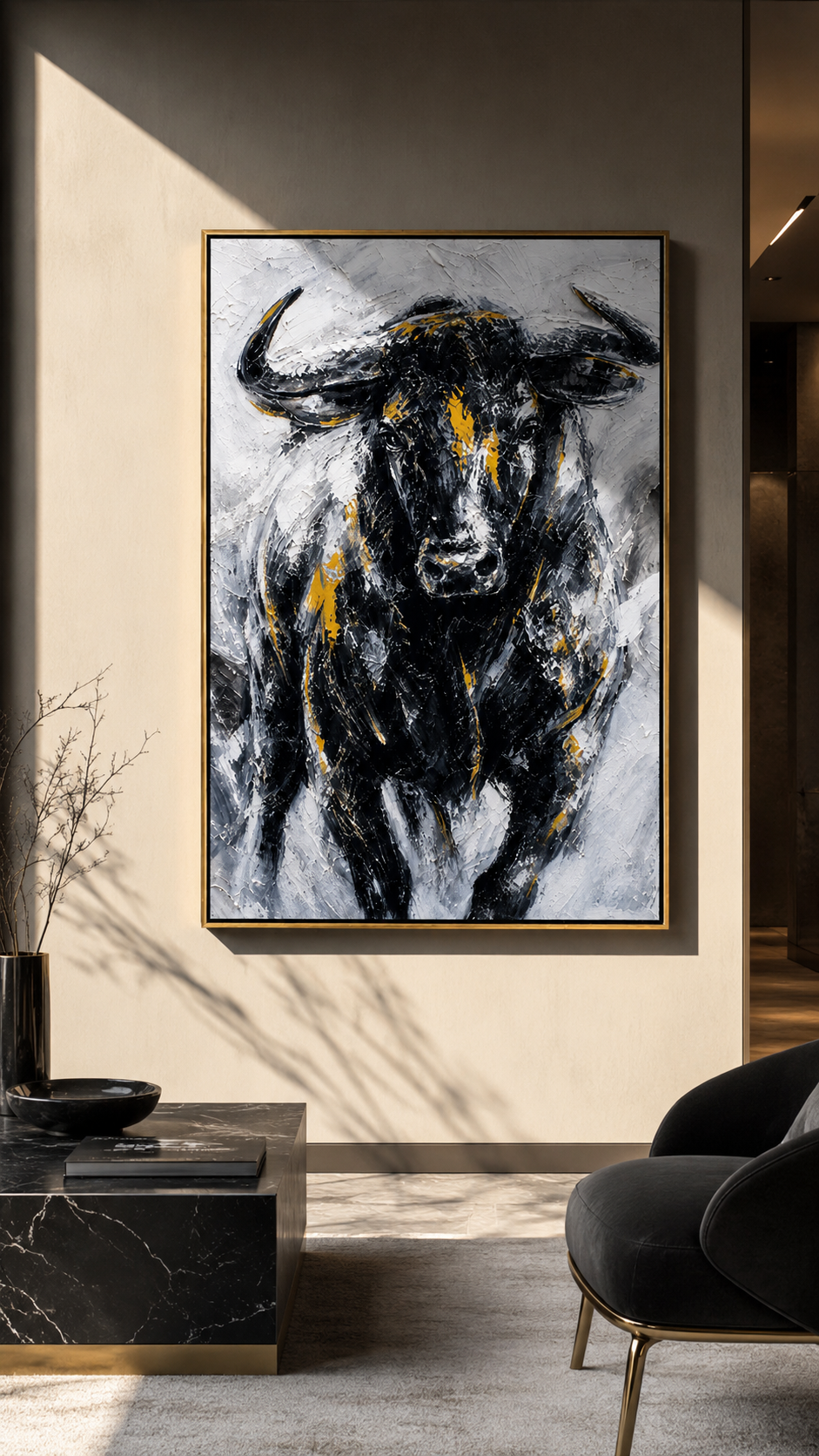 "Iron Buffalo" - Black White & Gold Textured Buffalo Portrait | Vertical Animal Wall Art