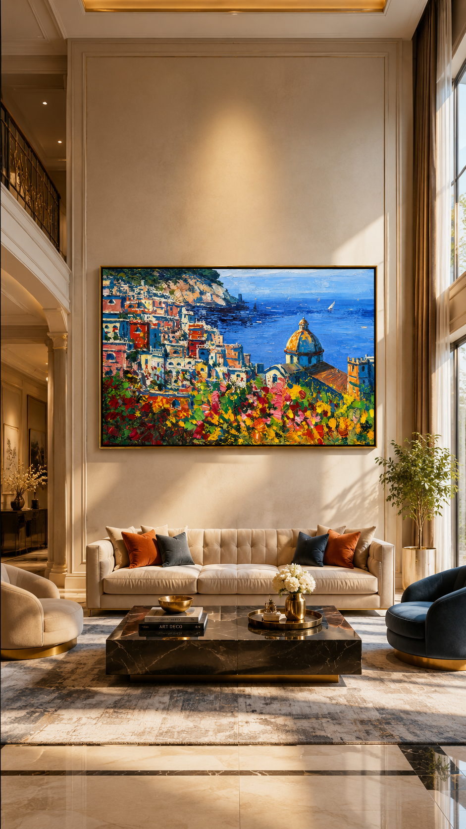 "Amalfi Bloom" - Colorful Mediterranean Coastal Landscape | Blue Sea & Floral Village Wall Art