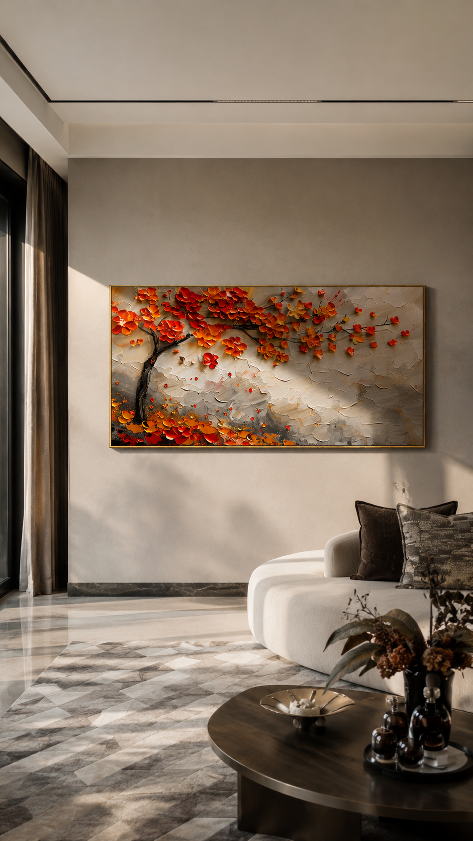 "Autumn Canopy" - Orange Blossom Tree Impasto Painting | White Grey & Gold Horizontal Wall Art
