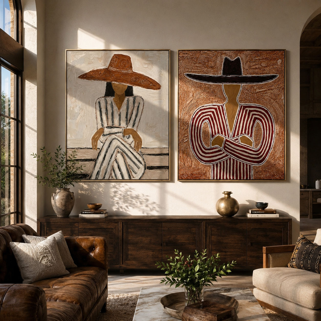 Twin Matador Poise – Textured Figurative Oil Painting Set|3D Textured Western Figurative Painting | Warm Terracotta & Charcoal Square Wall Art#yk600