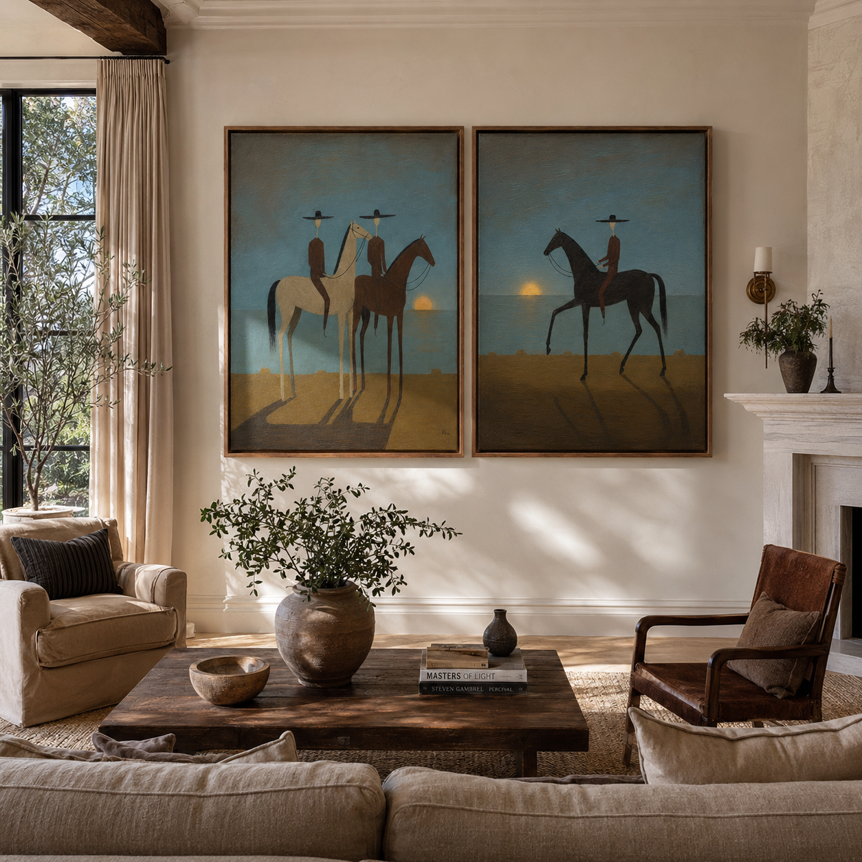 "Horizon in Silence3D" ——Textured Western Horse Rider Wall Art Set | Blue Gray & Warm Umber Framed Painting #VA606