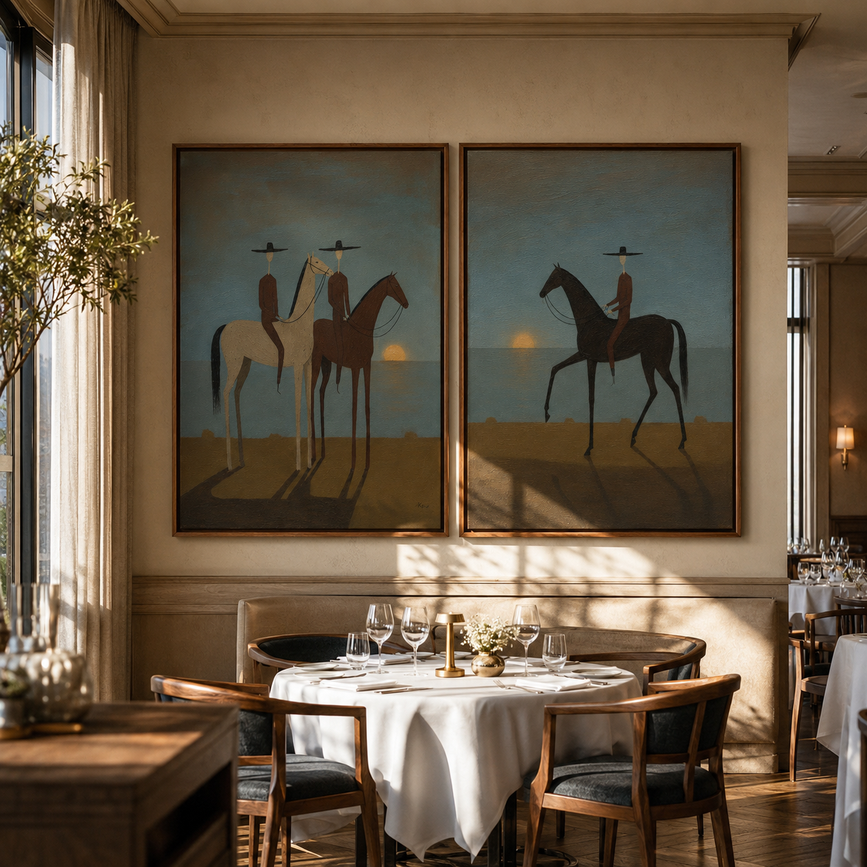 "Horizon in Silence3D" ——Textured Western Horse Rider Wall Art Set | Blue Gray & Warm Umber Framed Painting #VA606