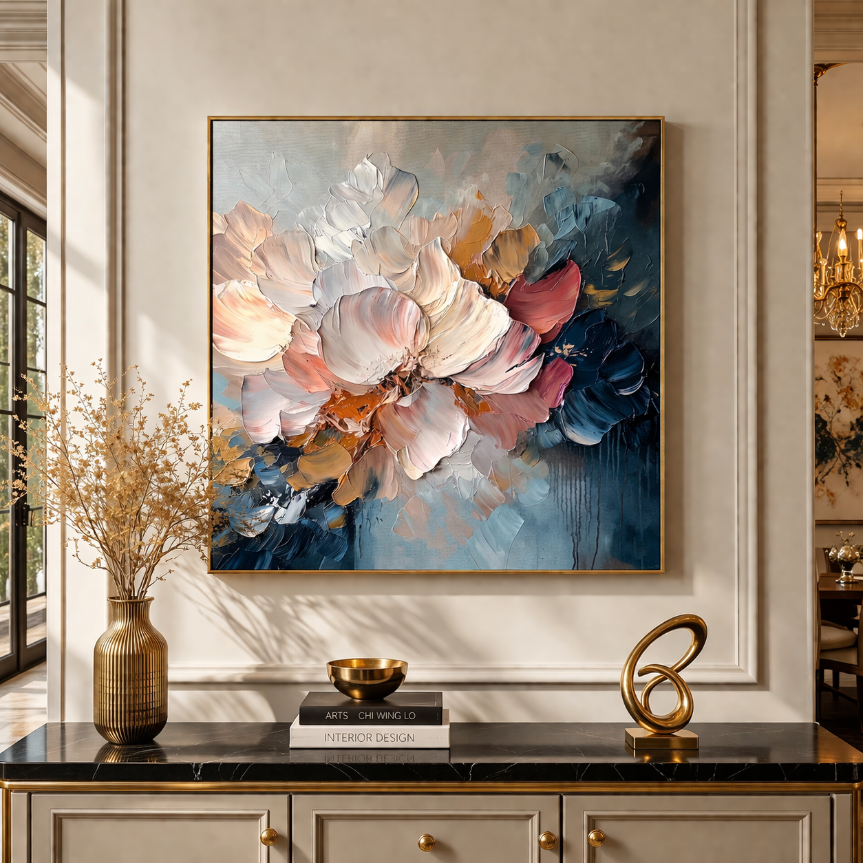 "Blush Nocturne" – Modern Heavy Impasto Sculptural Floral | Luxury Master Suite Statement Art