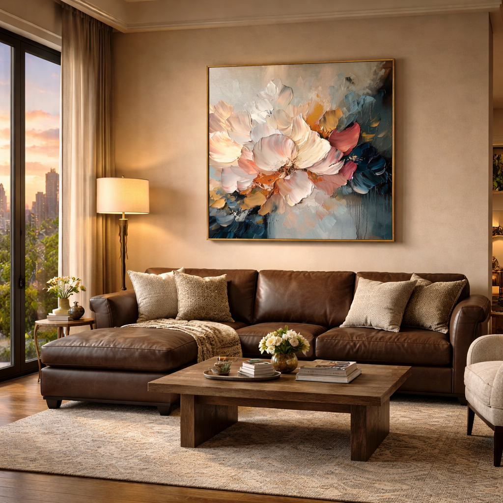 "Blush Nocturne" – Modern Heavy Impasto Sculptural Floral | Luxury Master Suite Statement Art