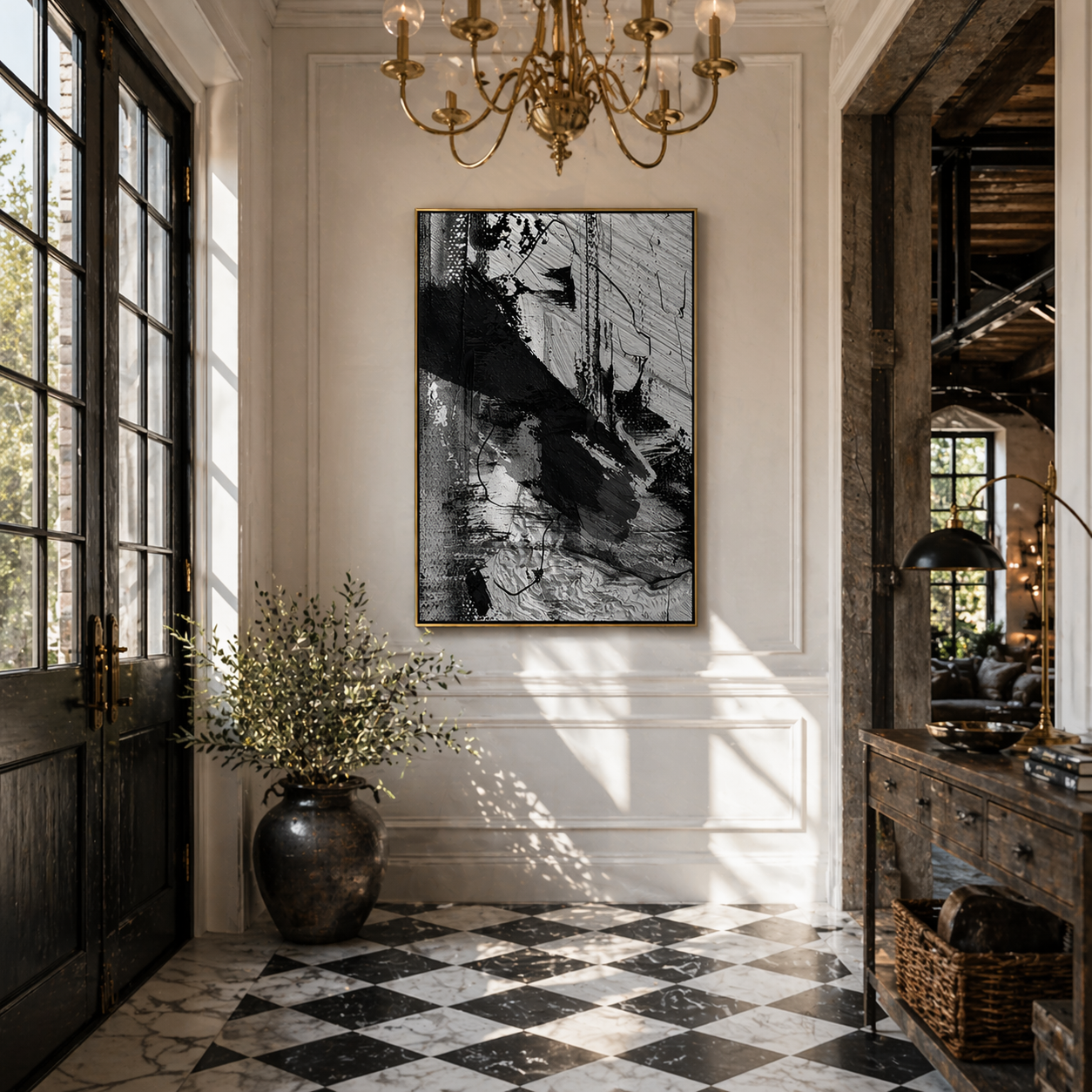 "Noir Tectonics" – Dynamic 3D Heavy Impasto Monochrome Abstract | Modern Industrial Statement Art
