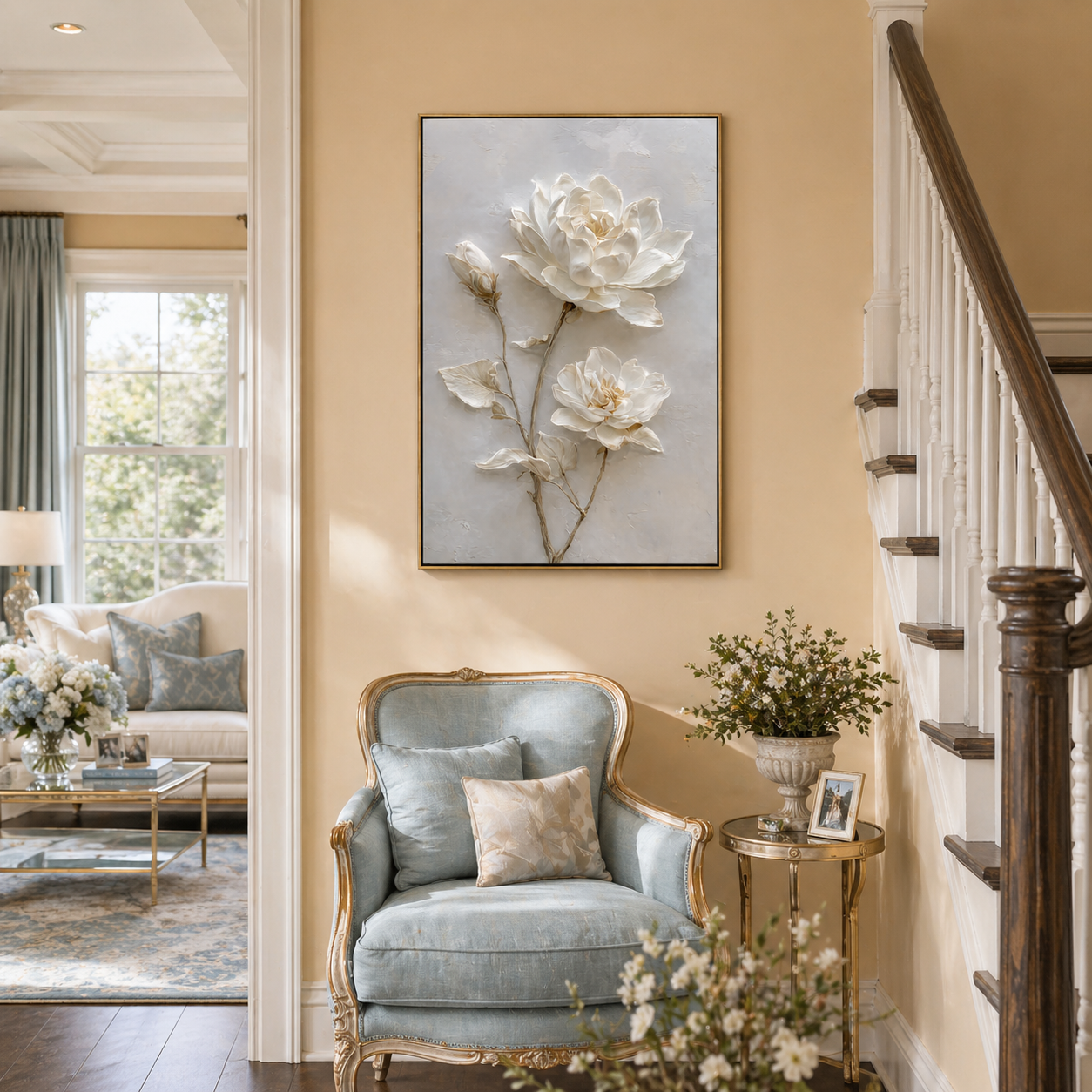 "Eternal Bloom" – Modern 3D Heavy Impasto White Botanical | Elegant Vertical Statement Art