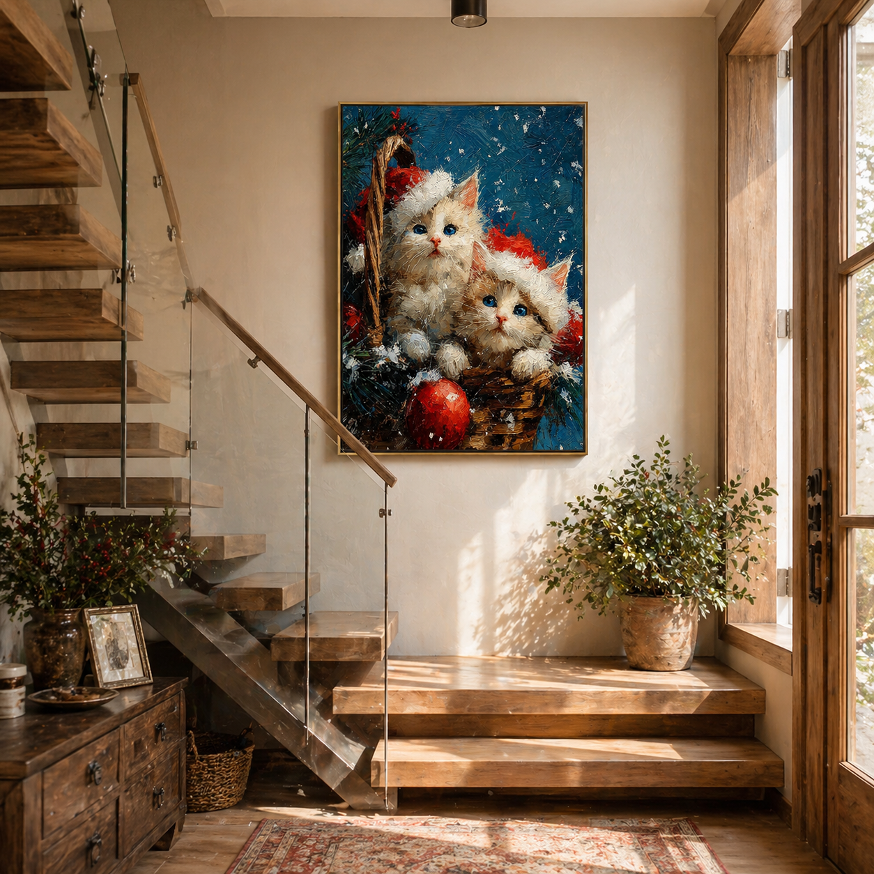 "Yuletide Kittens" – Whimsical 3D Heavy Impasto Holiday Relief | Festive Modern Statement Art