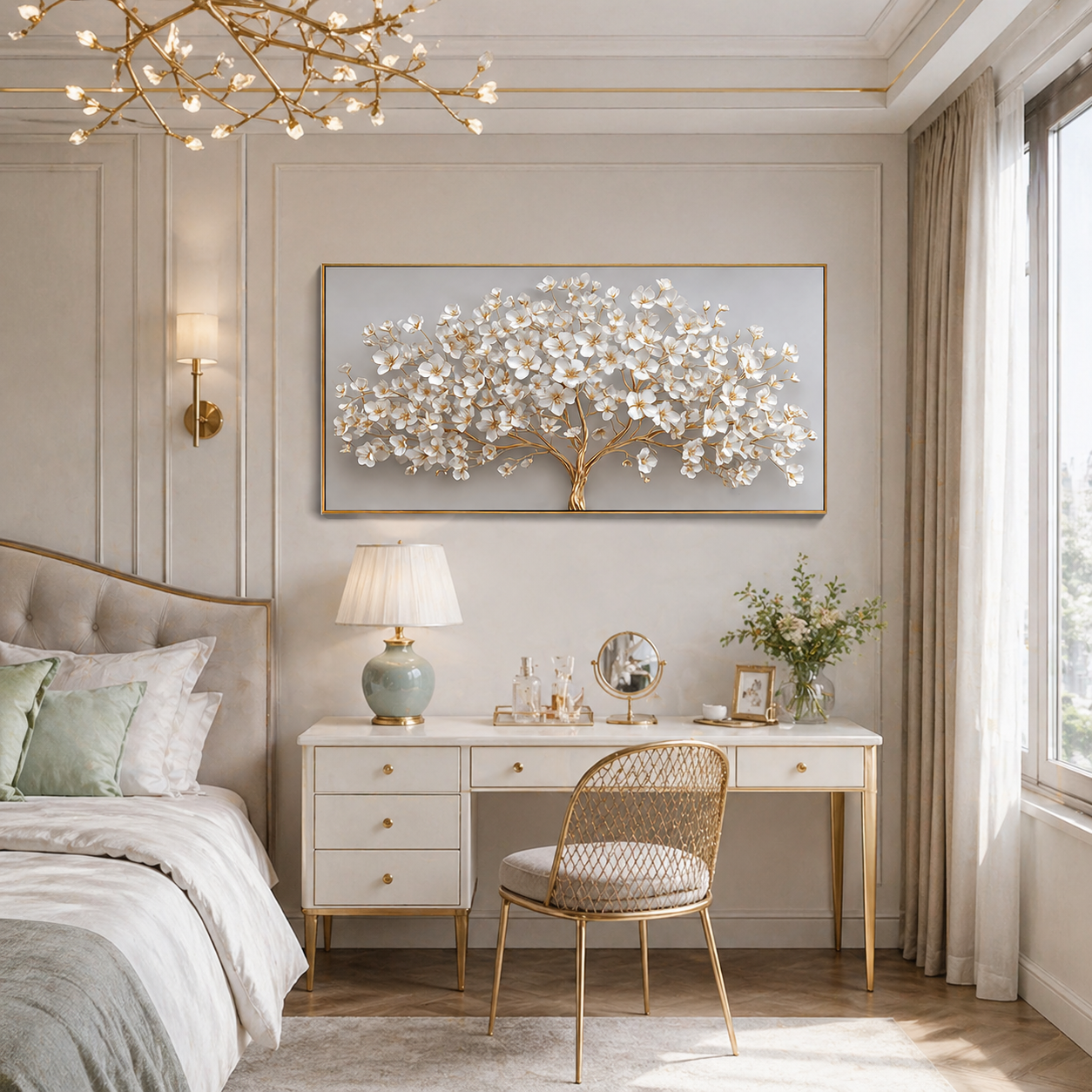 "Gilded Prosperity" – Modern 3D Heavy Impasto Blossom Tree | Luxury Horizontal Statement Art